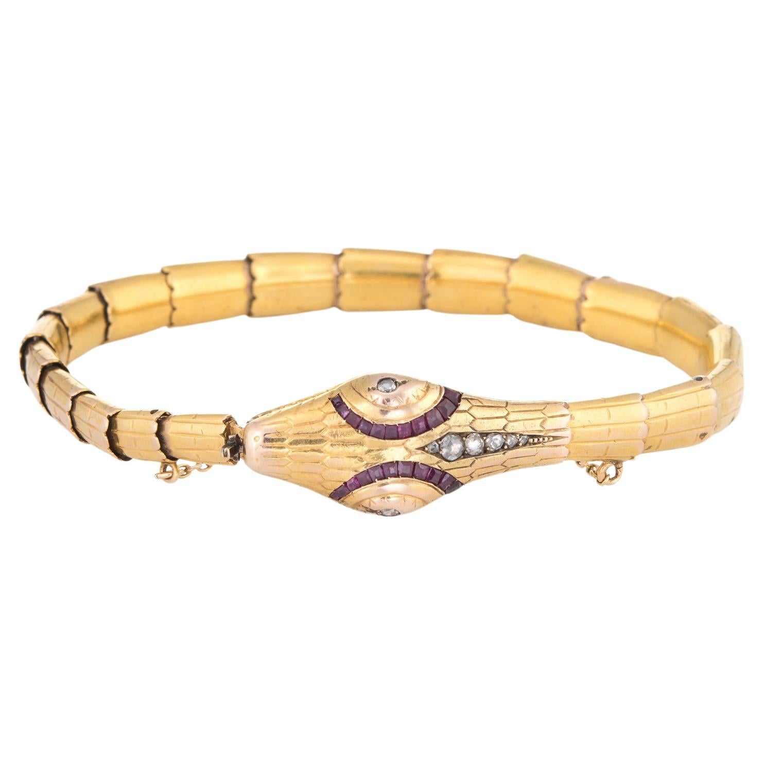 Bracelet serpent édouardien ancien en or jaune 18 carats avec diamants et rubis, vintage en vente