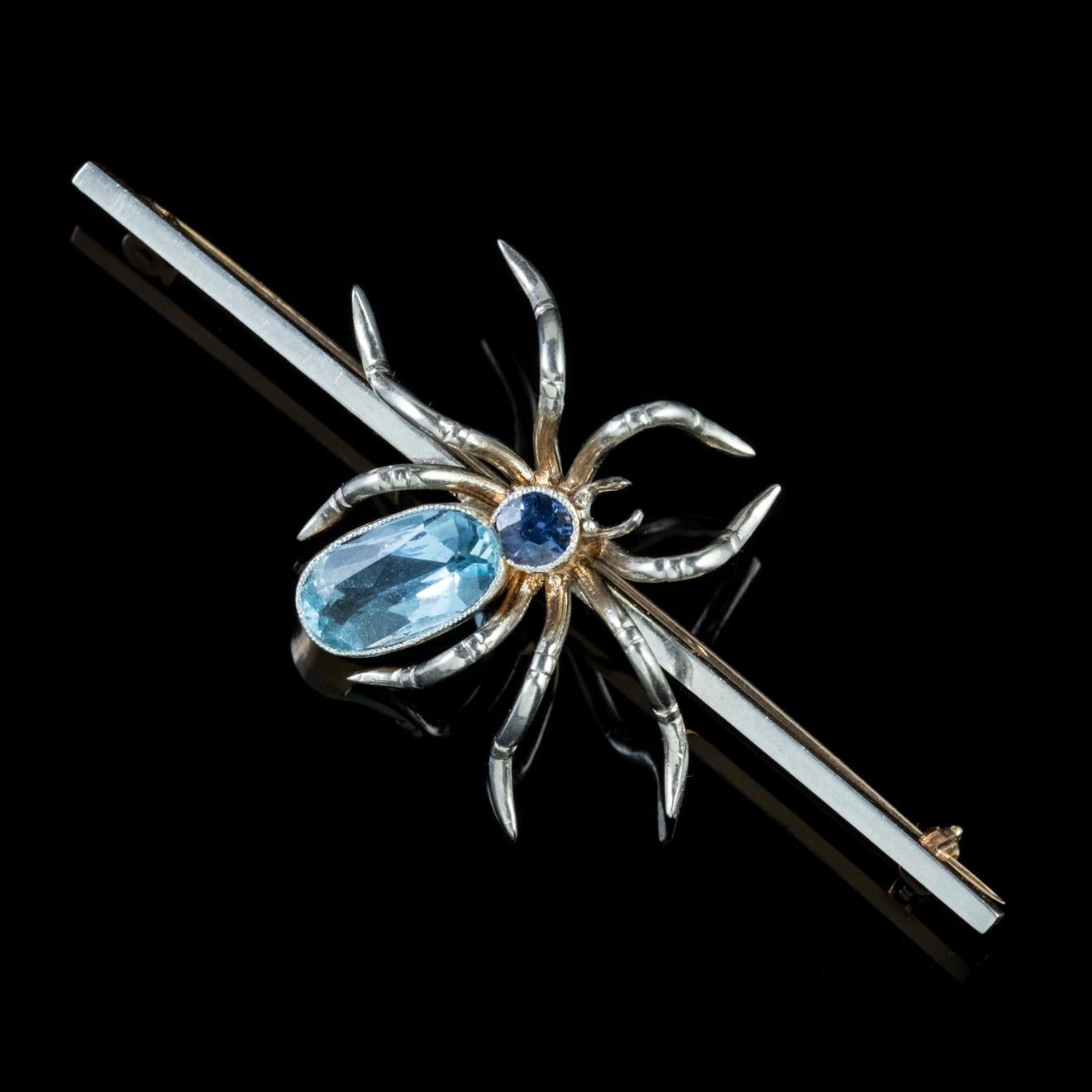 A delightful antique Scottish spider brooch crafted during the Edwardian era and set with a 0.25ct Sapphire head and Aquamarine abdomen which is approx. 2ct. 

Aquamarine is adored for its beautiful clear Ocean blue colour which complements most