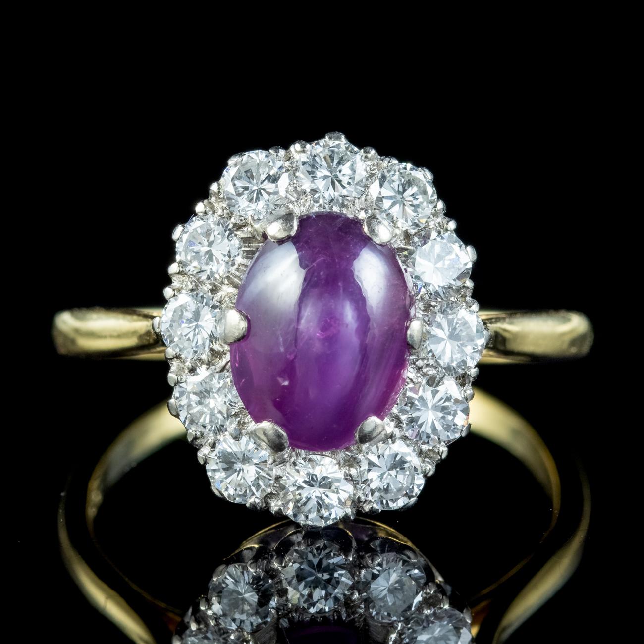 Antique Edwardian Star Ruby Diamond Ring 1.8ct Cabochon Ruby In Good Condition For Sale In Kendal, GB
