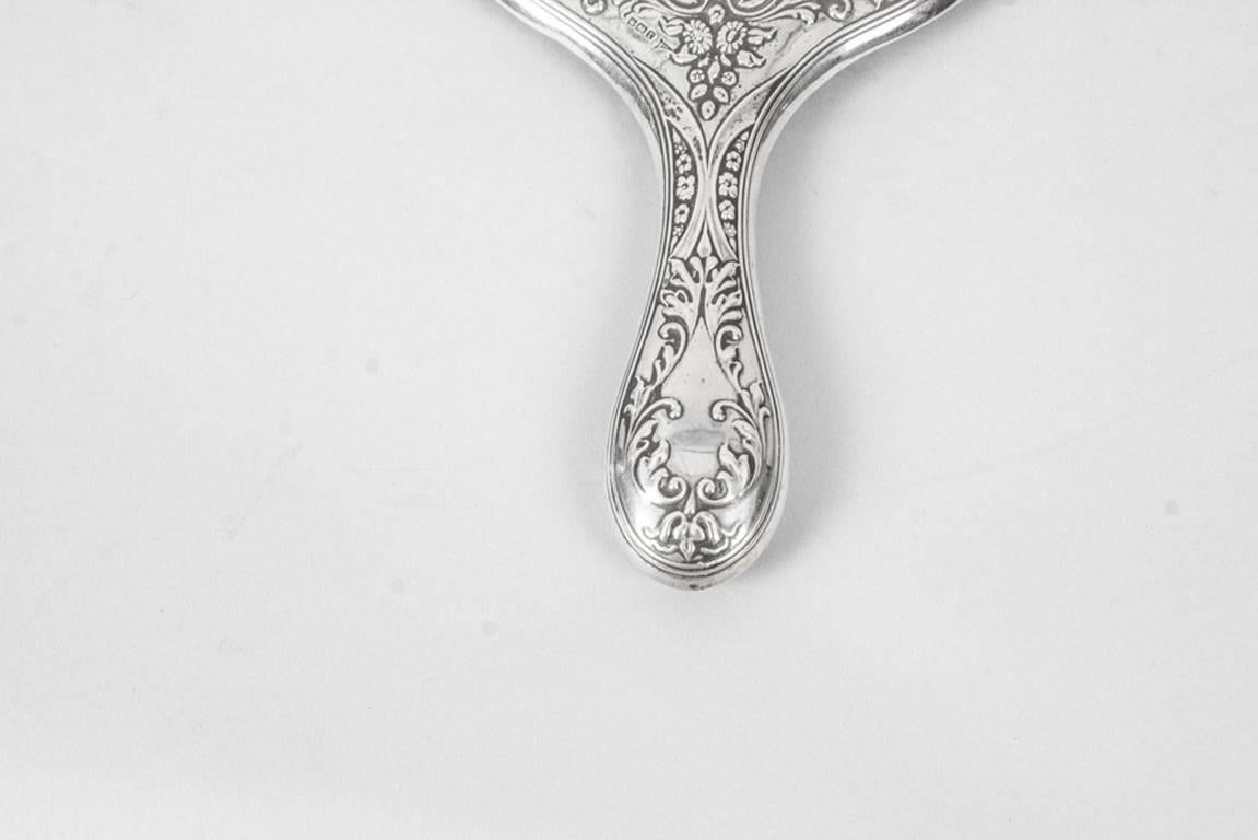 Antique Edwardian Sterling Silver and Embossed Hand Mirror 1909 by Walker & Hall 1