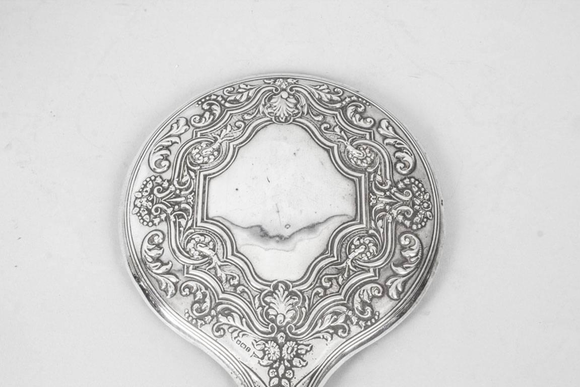 Antique Edwardian Sterling Silver and Embossed Hand Mirror 1909 by Walker & Hall 2