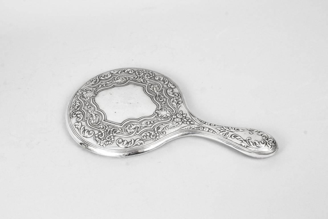 Antique Edwardian Sterling Silver and Embossed Hand Mirror 1909 by Walker & Hall 4