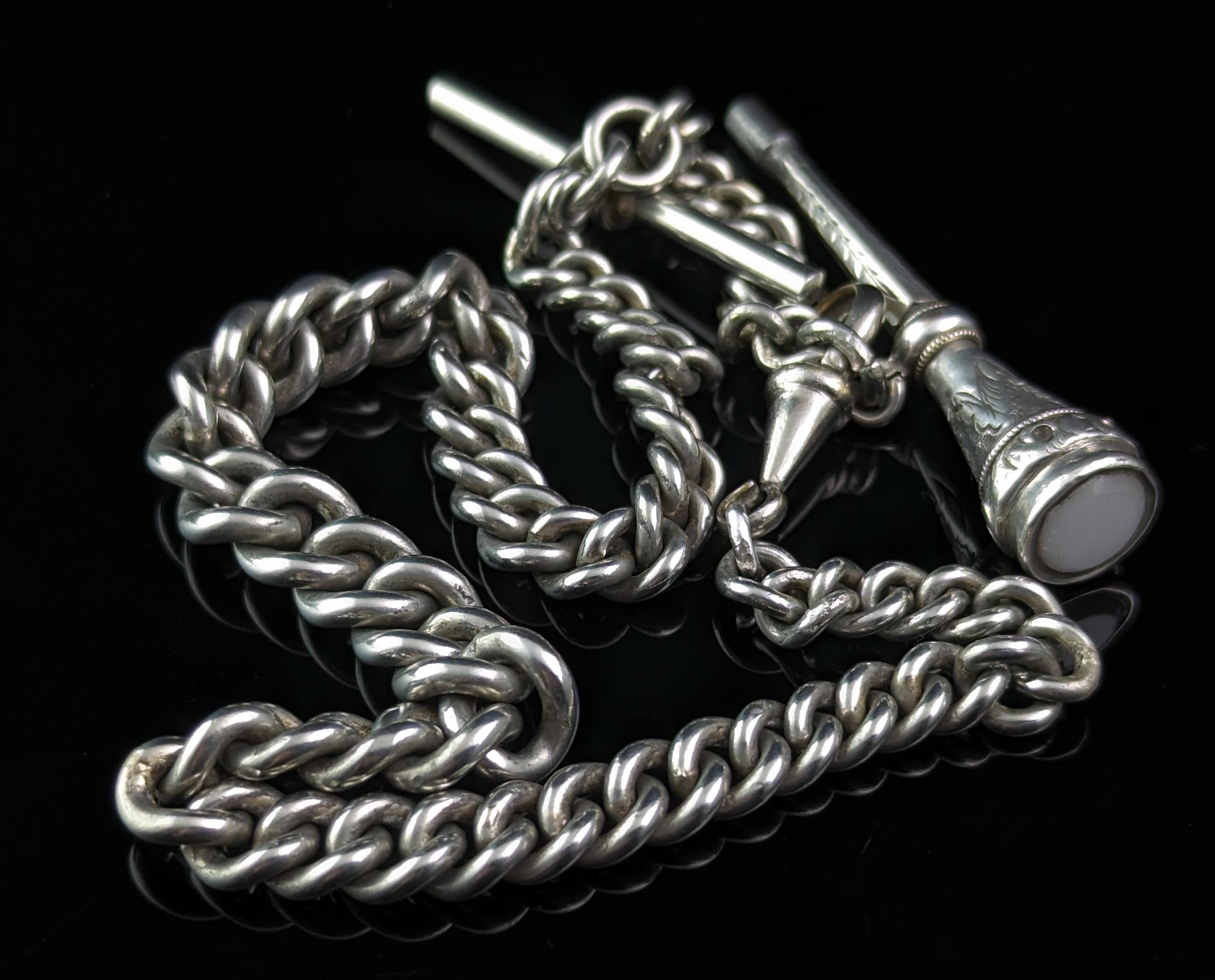 Women's or Men's Antique Edwardian sterling silver Albert chain, propelling pencil fob 