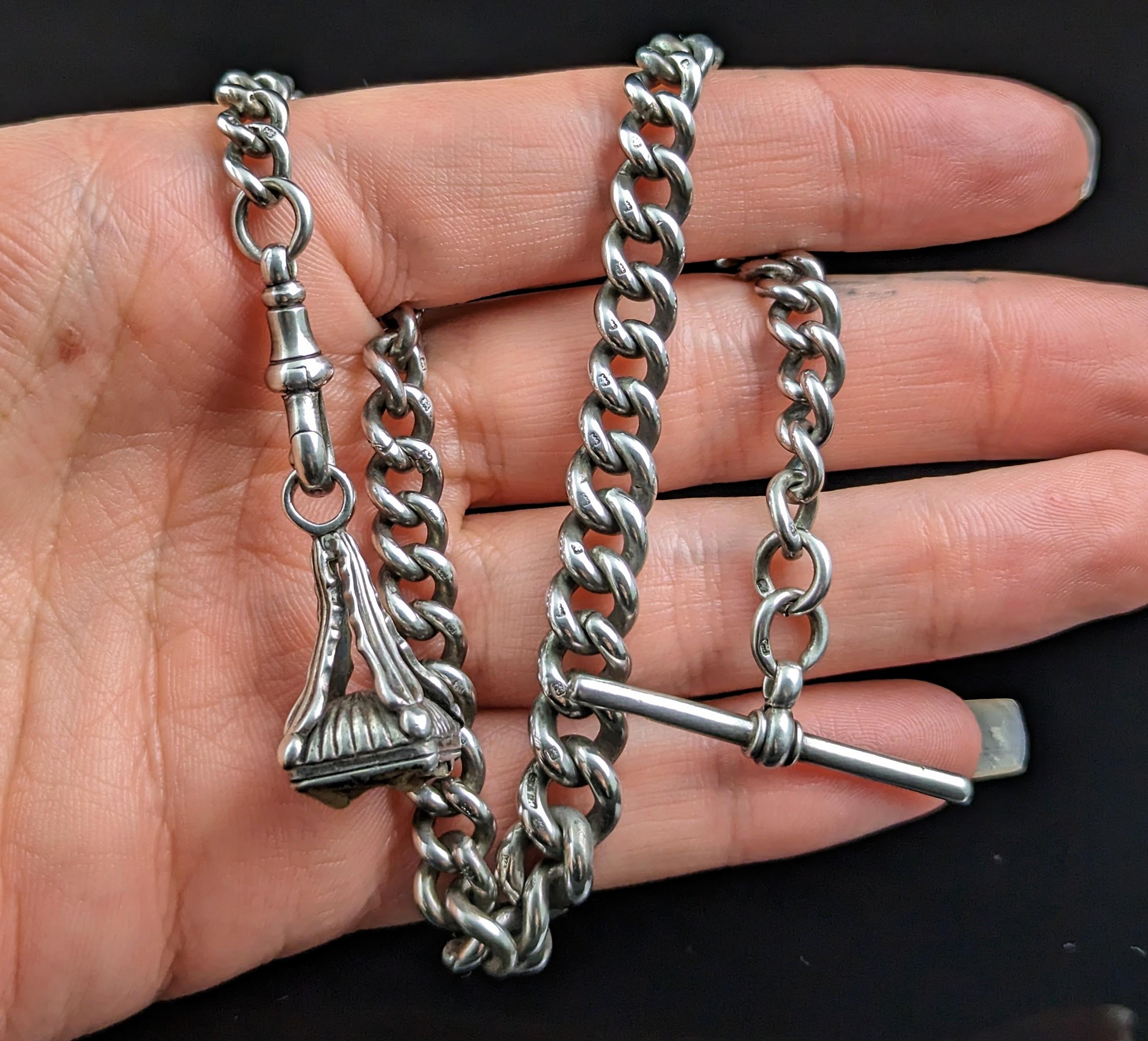 An attractive antique, Edwardian era sterling silver Albert chain or watch chain.

Nice solid silver, graduated curb links with a dog clip fastener to one end with an interesting sterling silver mounted tooth fob attached, a seal fob type mount set