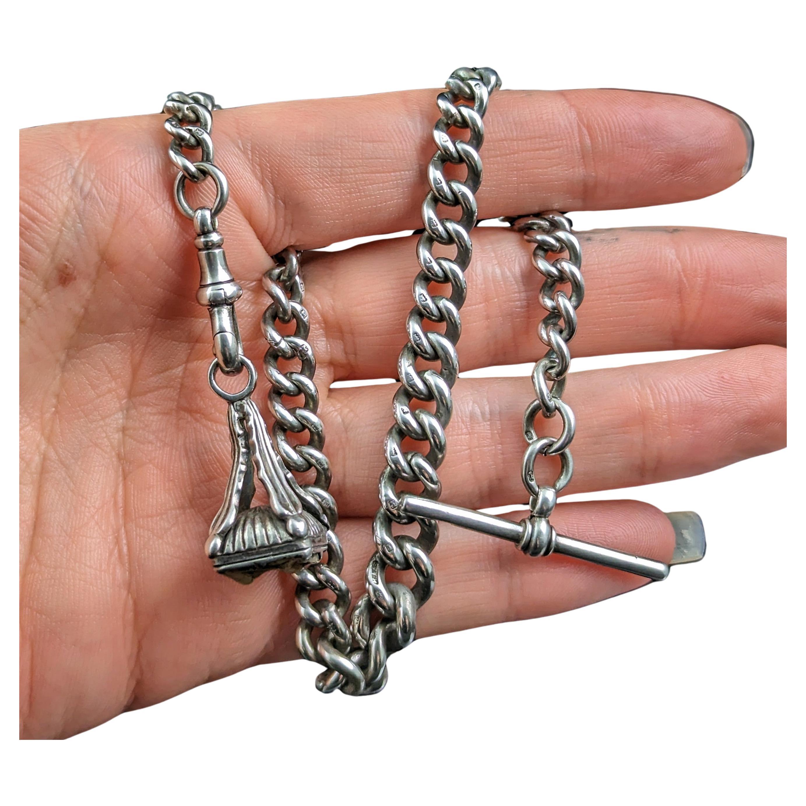 Antique Edwardian sterling silver Albert chain, Tooth fob  For Sale