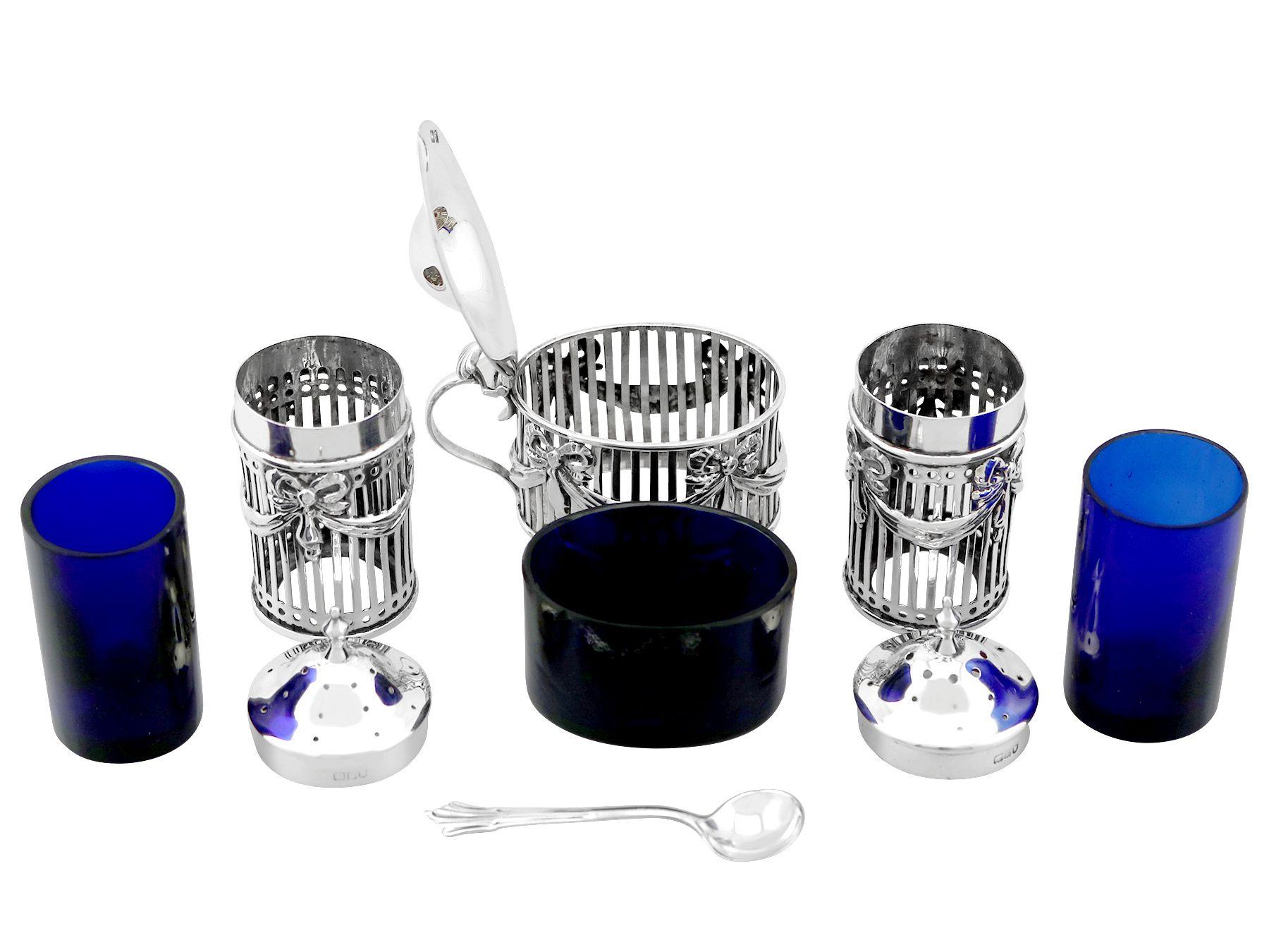 British Antique Edwardian Sterling Silver and Blue Glass Three Piece Condiment Set