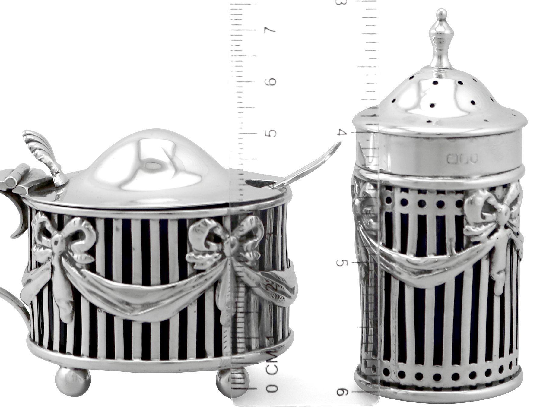 Early 20th Century Antique Edwardian Sterling Silver and Blue Glass Three Piece Condiment Set