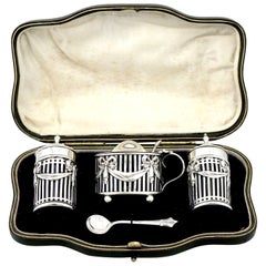 Antique Edwardian Sterling Silver and Blue Glass Three Piece Condiment Set