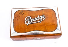 Antique Edwardian Sterling Silver and Crocodile Leather Bridge Box Cards, 1906