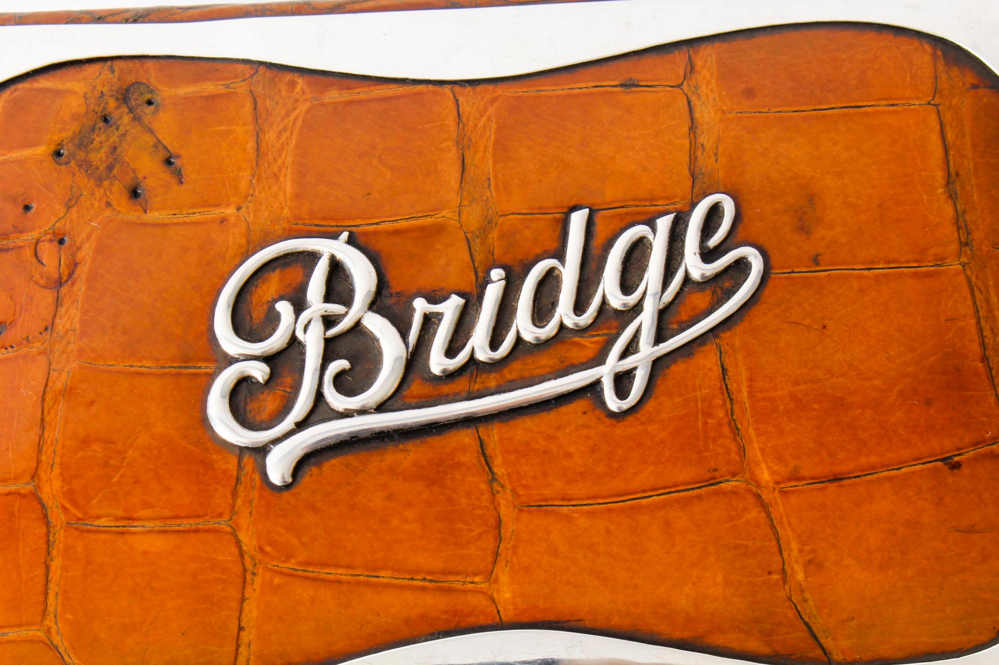 English Antique Edwardian Sterling Silver and Crocodile Leather Bridge Box Cards, 1906