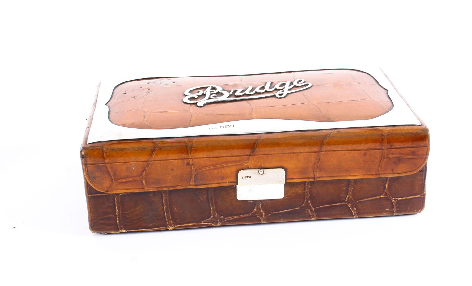 Antique Edwardian Sterling Silver and Crocodile Leather Bridge Box Cards, 1906 In Good Condition In London, GB