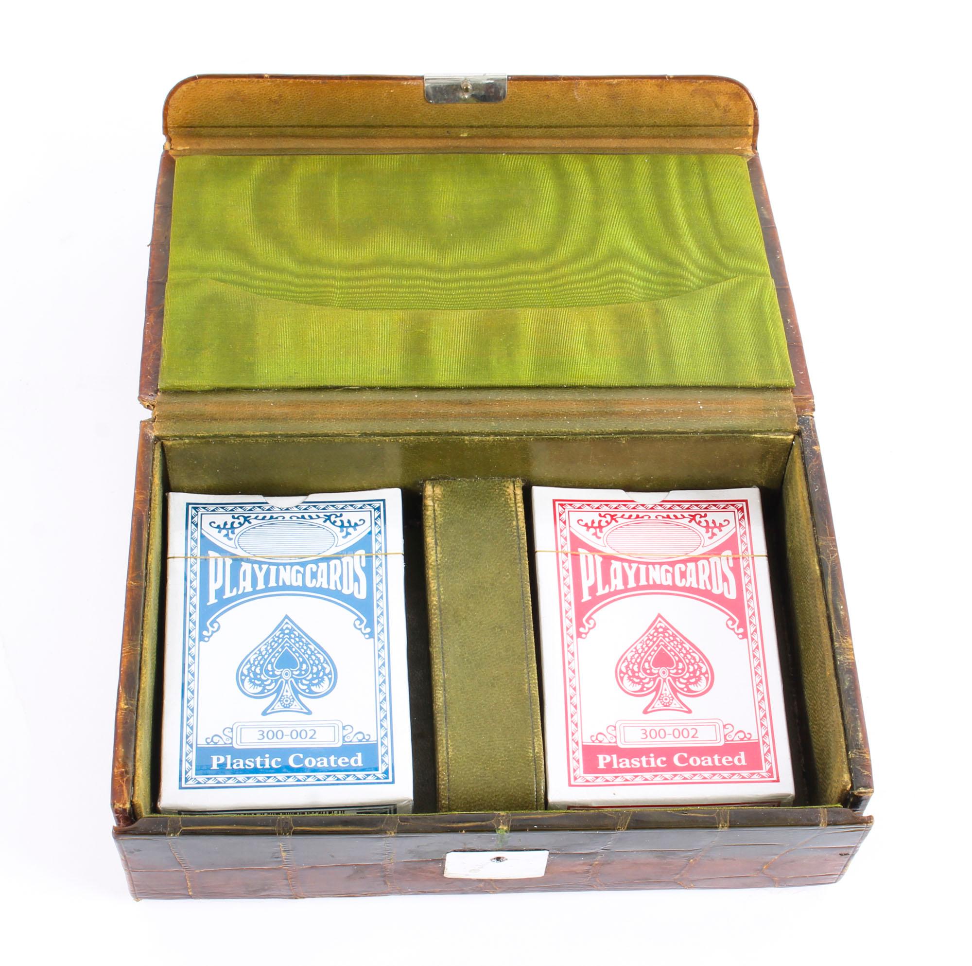 Early 20th Century Antique Edwardian Sterling Silver and Crocodile Leather Bridge Box Cards, 1906