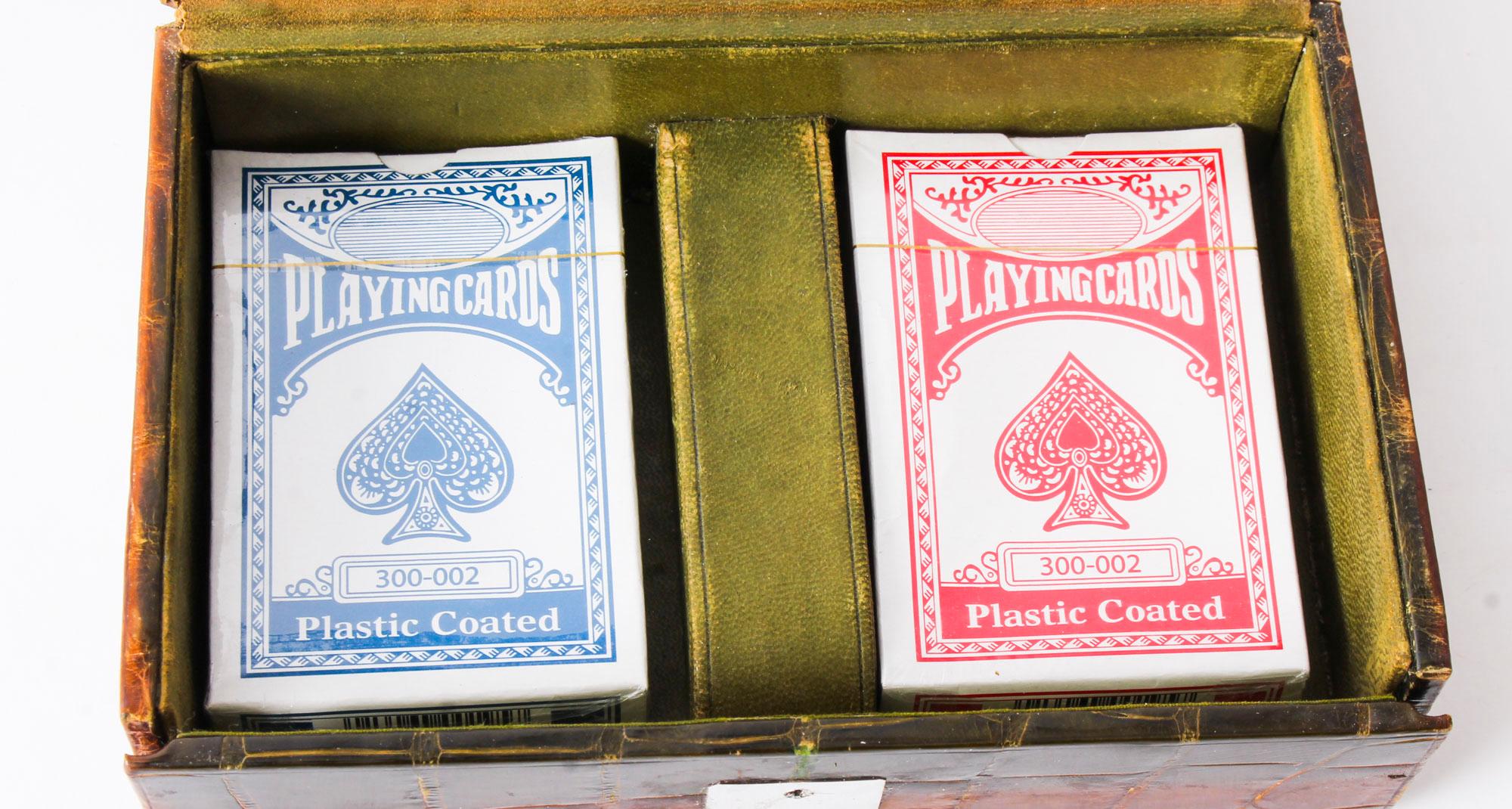 Antique Edwardian Sterling Silver and Crocodile Leather Bridge Box Cards, 1906 1