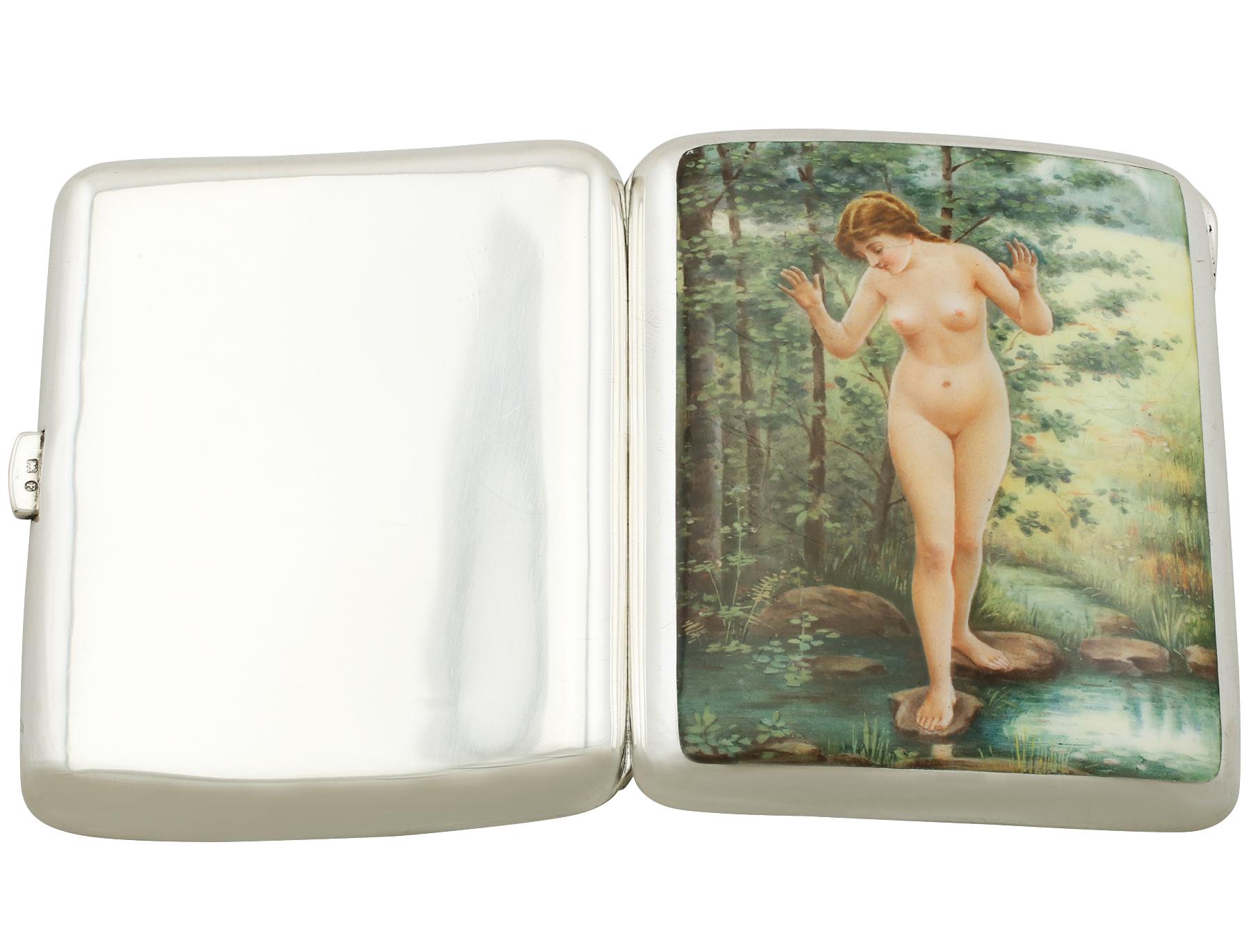 Early 20th Century Antique Edwardian Sterling Silver and Erotica Enamel Cigarette Case