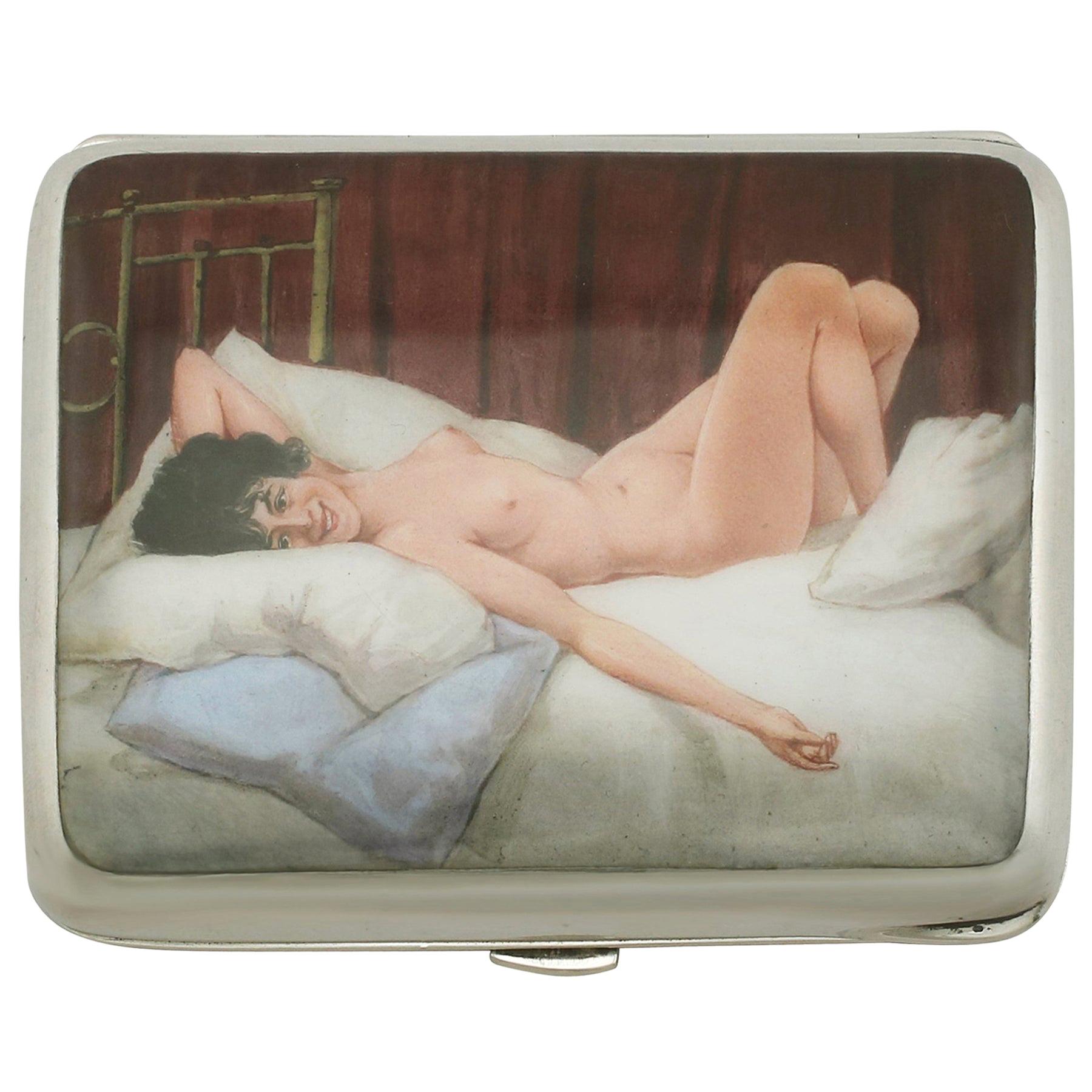 Antique Edwardian Sterling Silver and Erotica Enamel Cigarette Case