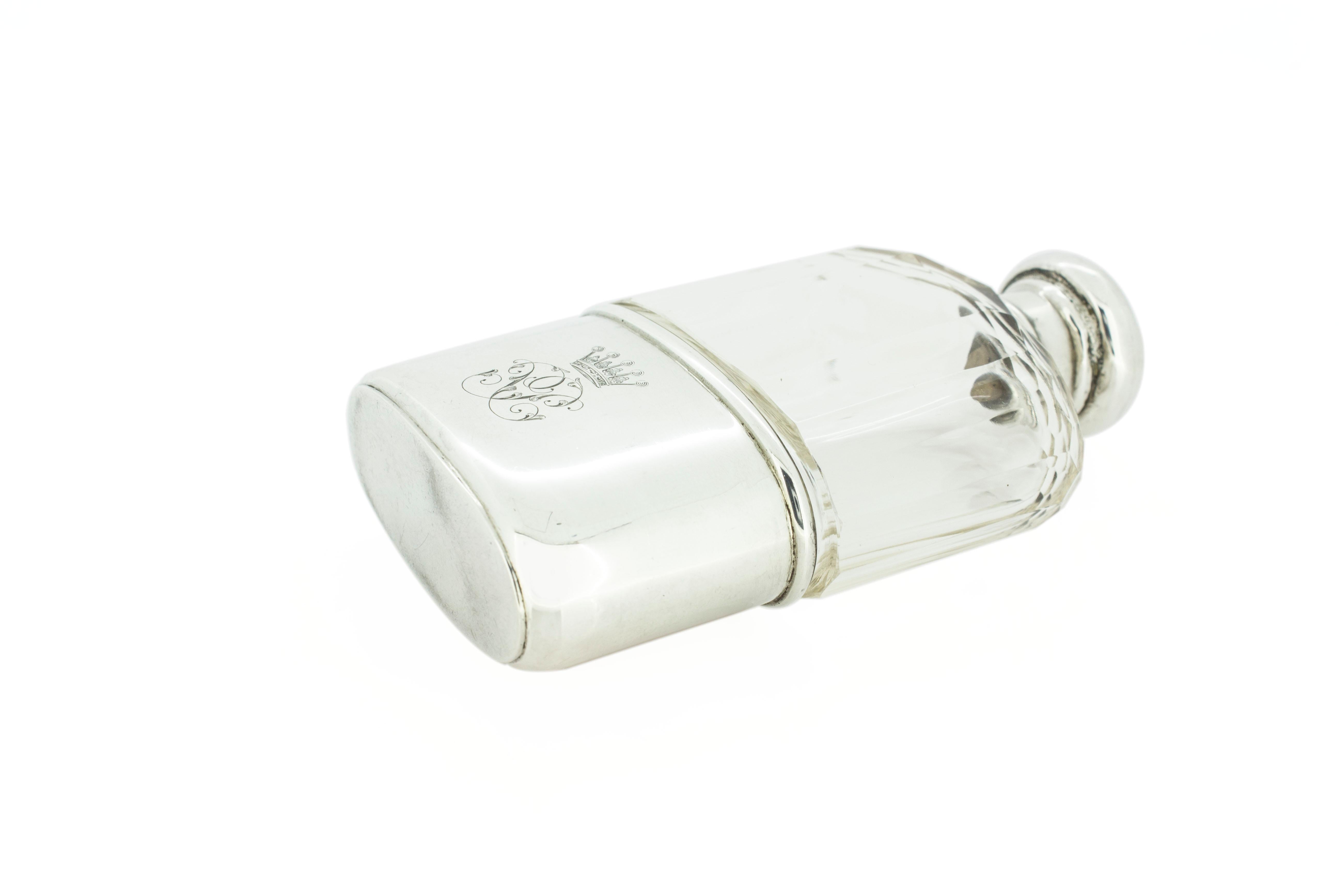 Early 20th Century Antique Edwardian Sterling Silver and Glass Flask with Royal Crown and Monogram