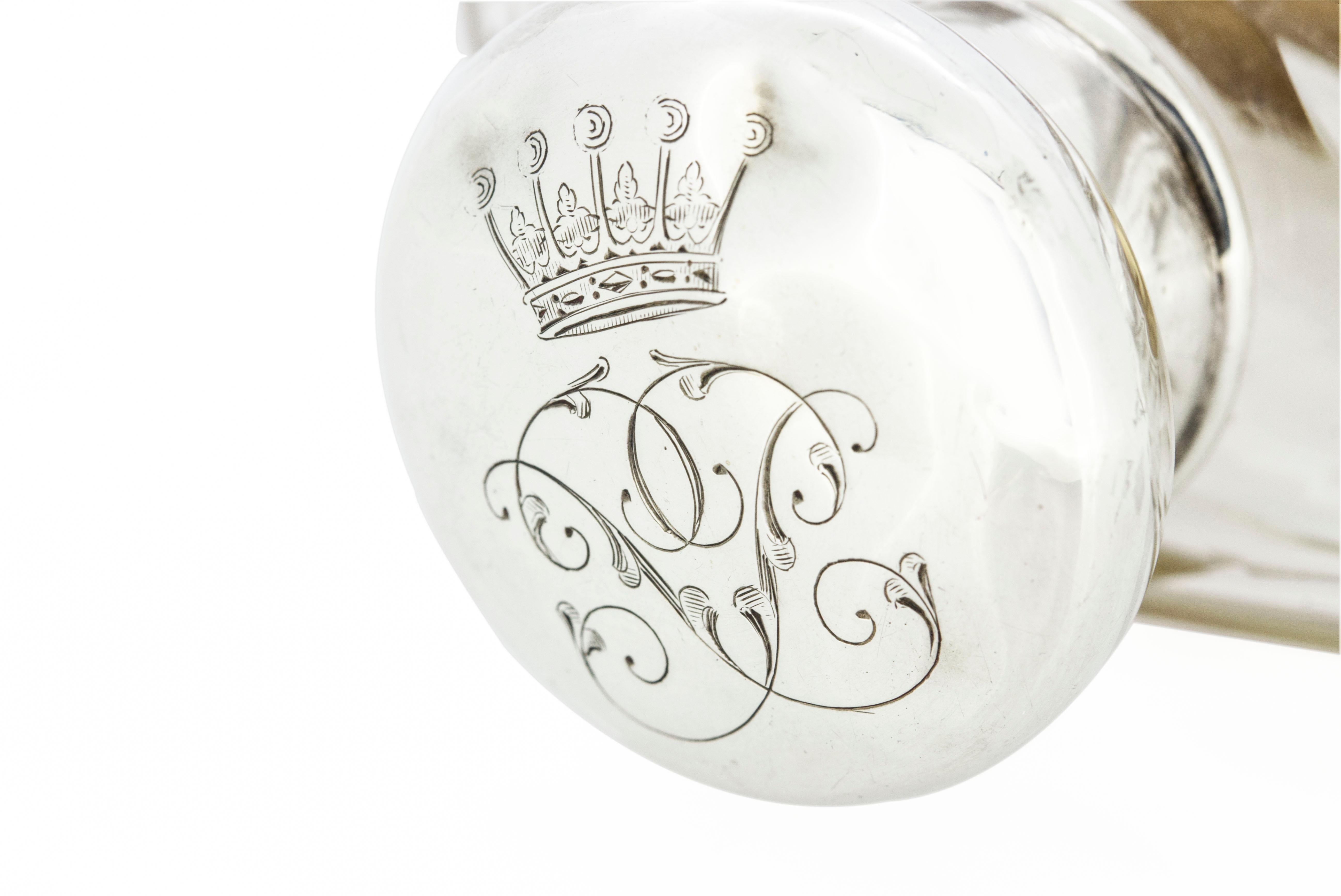 Antique Edwardian Sterling Silver and Glass Flask with Royal Crown and Monogram 2