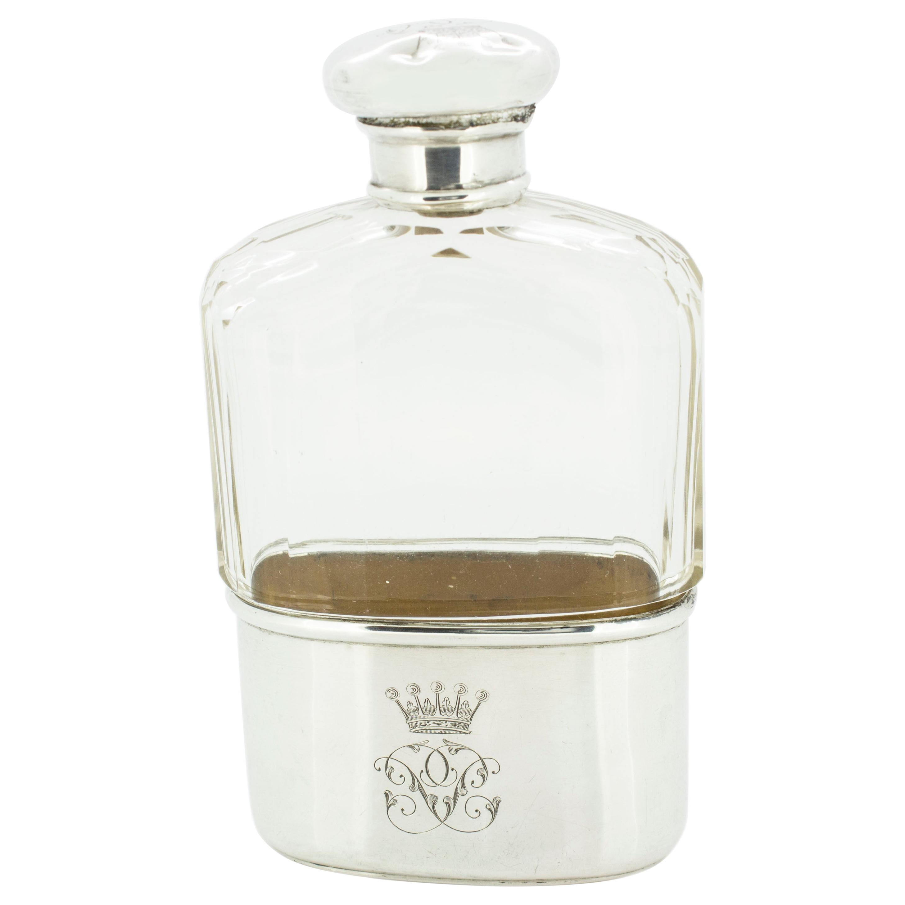 Antique Edwardian Sterling Silver and Glass Flask with Royal Crown and Monogram