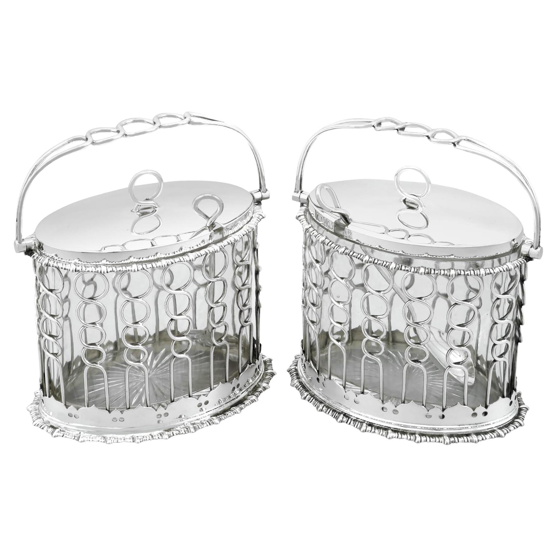 Antique Edwardian Sterling Silver and Glass Serving Preserve Baskets For Sale