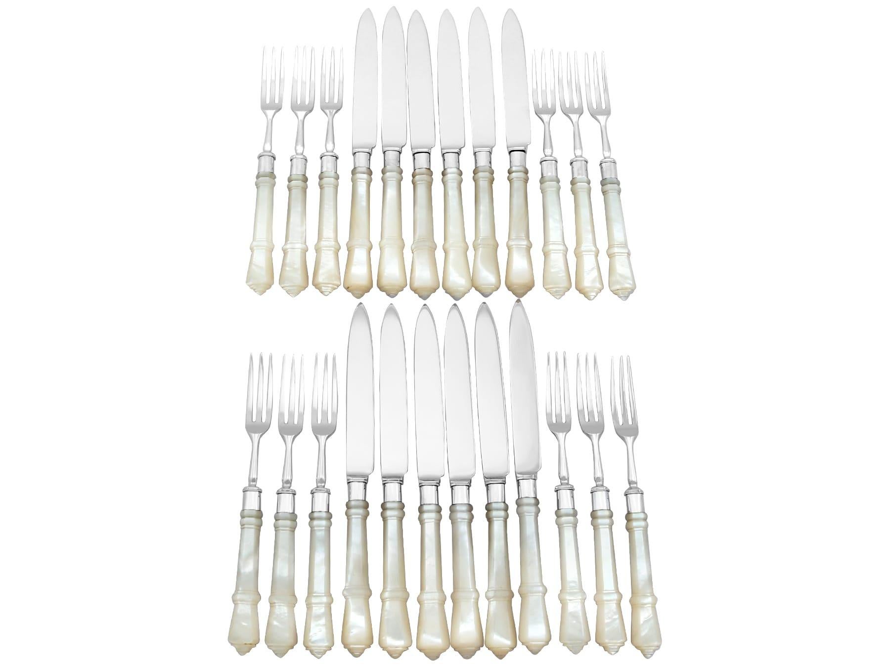 An exceptional, fine and impressive antique Edwardian English sterling silver and mother of pearl fruit/dessert cutlery set for twelve persons - boxed; an addition to our dining silverware collection

This exceptional antique Edwardian sterling