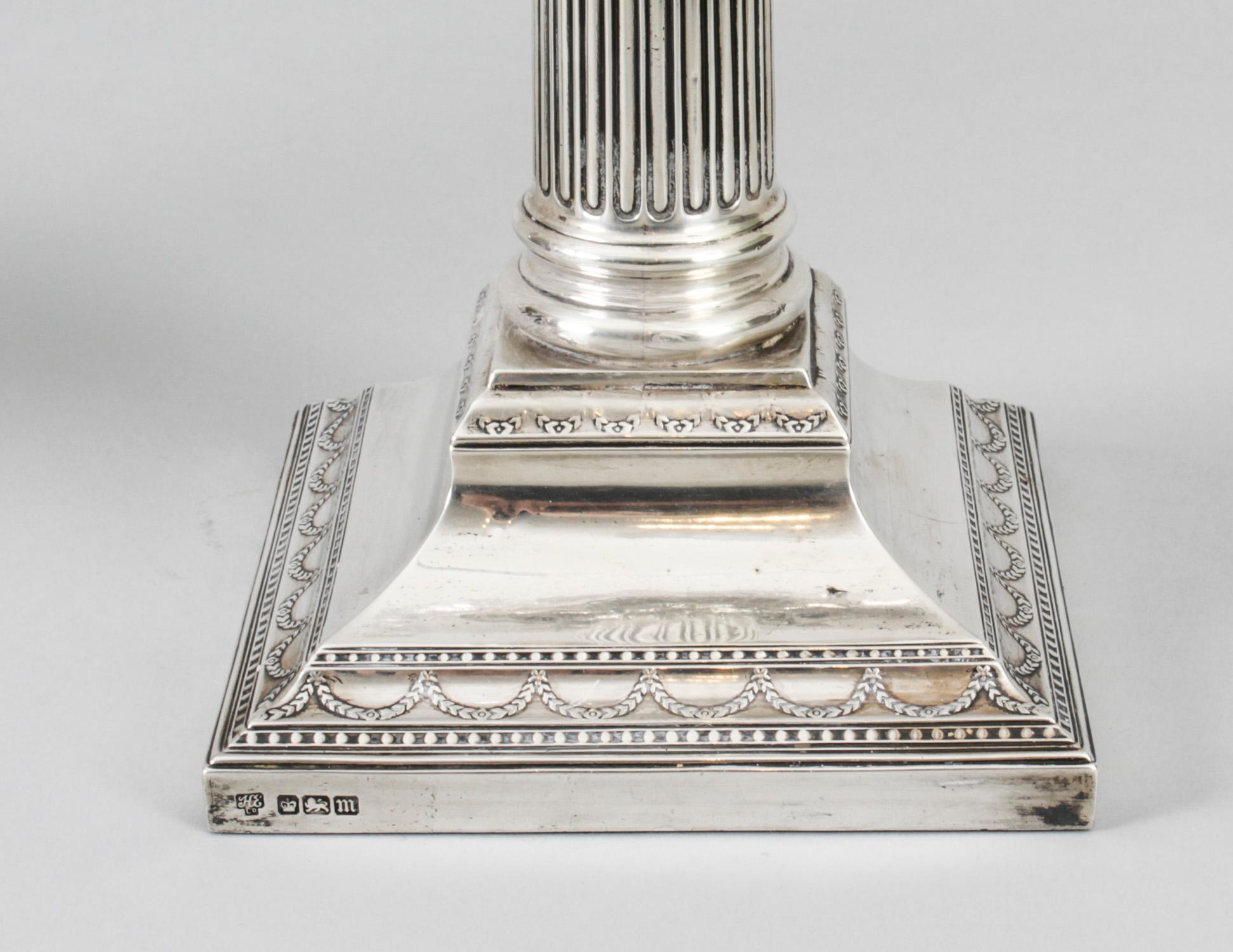 Antique Edwardian Sterling Silver Corinthian Column Table Lamp, 1904 11