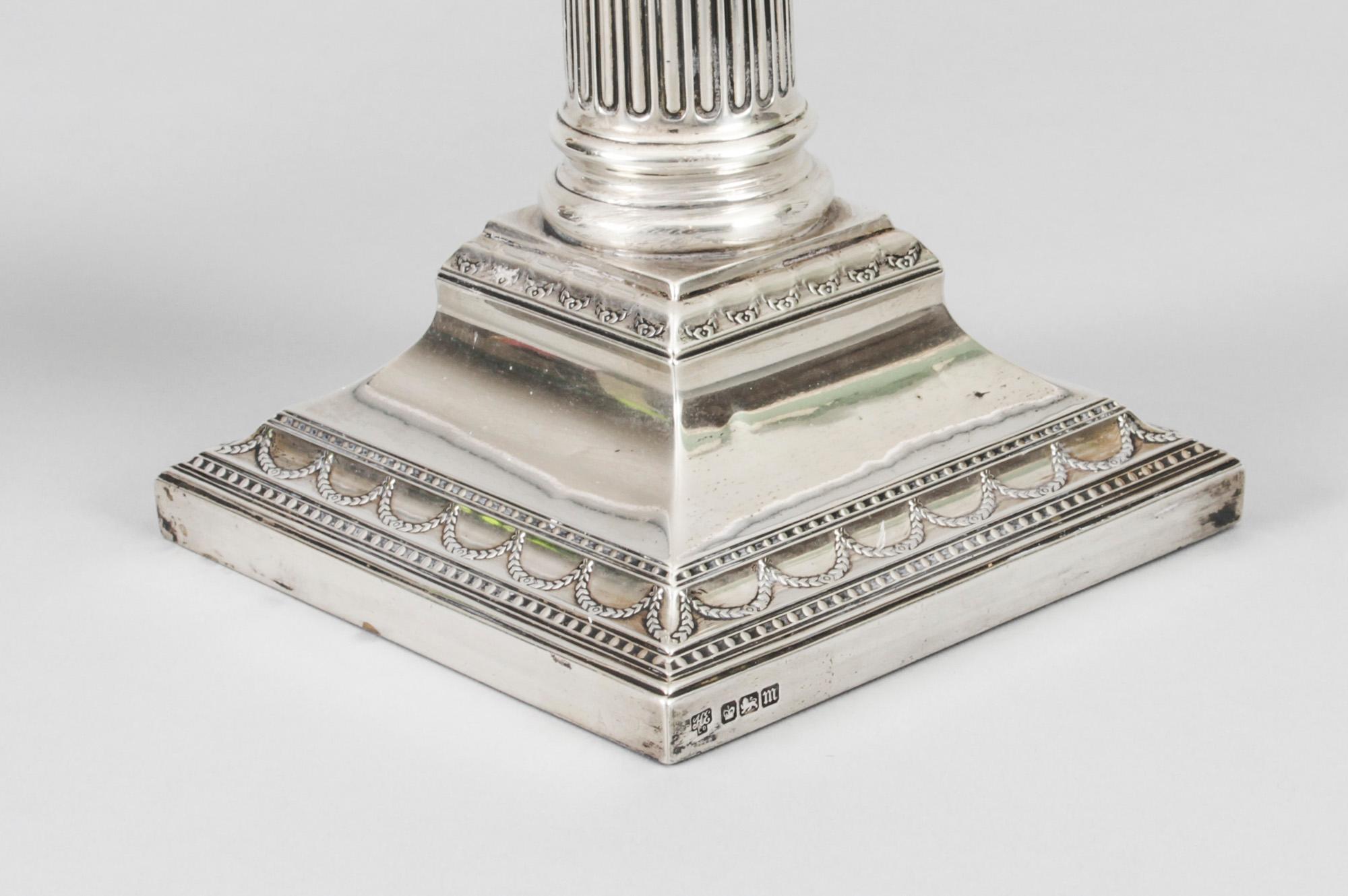 Antique Edwardian Sterling Silver Corinthian Column Table Lamp, 1904 12