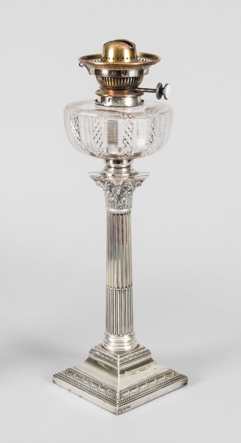 English Antique Edwardian Sterling Silver Corinthian Column Table Lamp, 1904