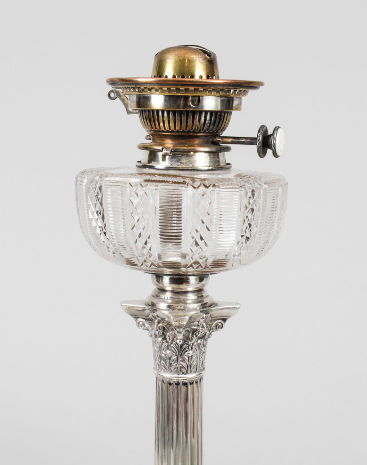 Early 20th Century Antique Edwardian Sterling Silver Corinthian Column Table Lamp, 1904