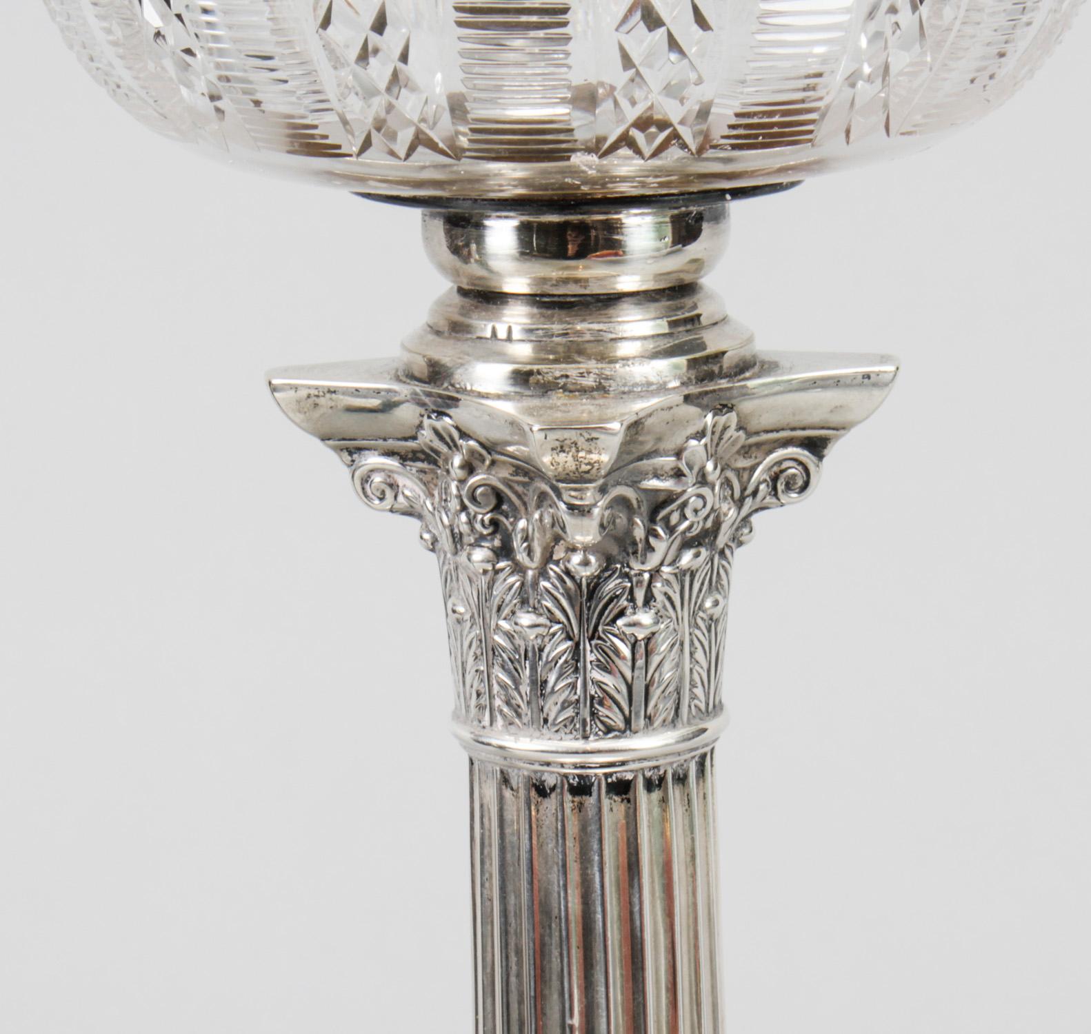 Antique Edwardian Sterling Silver Corinthian Column Table Lamp, 1904 1