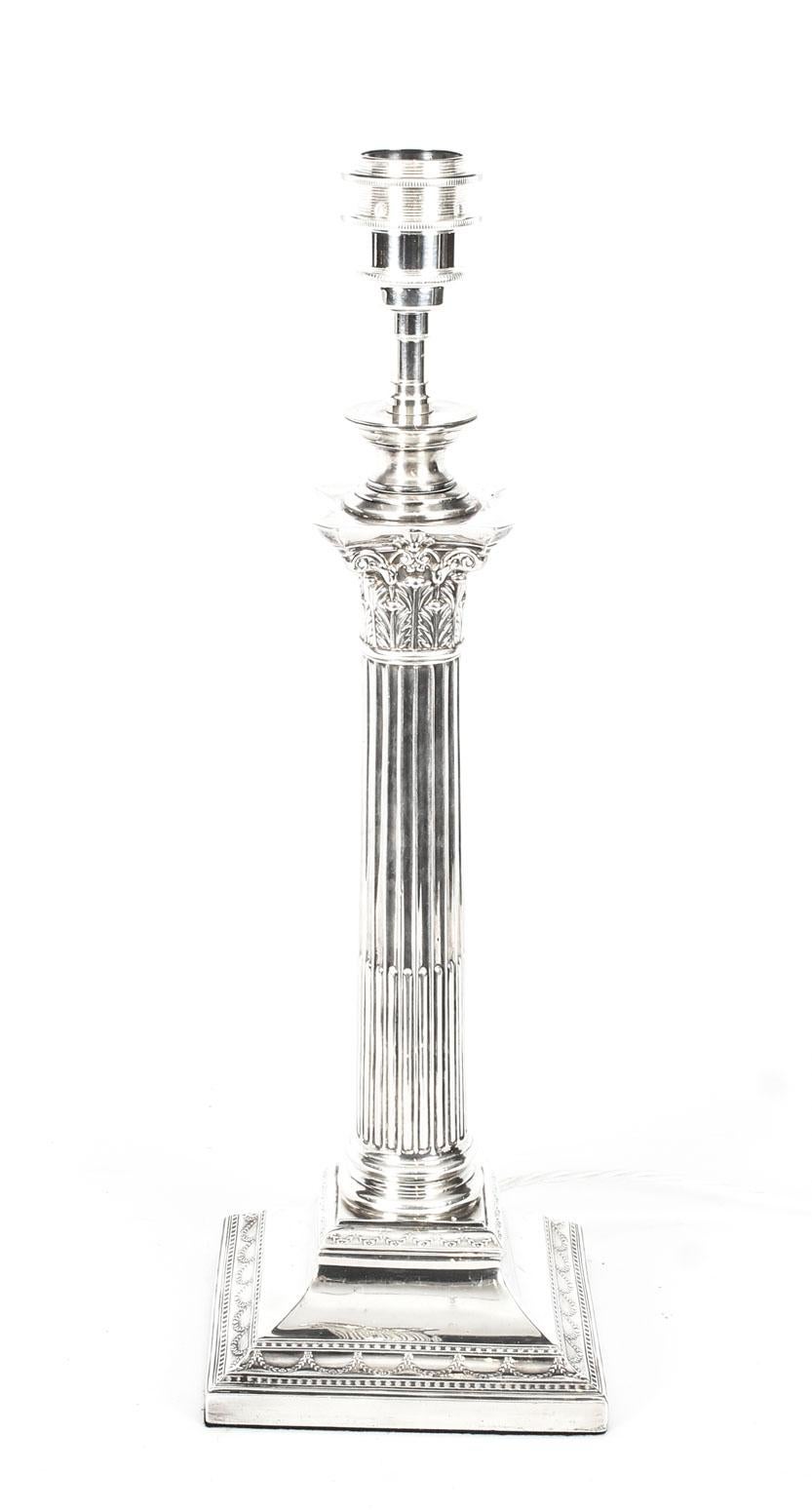 English Antique Edwardian Sterling Silver Corinthian Column Table Lamp, 1908