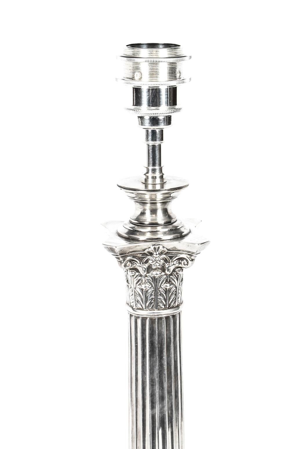 Antique Edwardian Sterling Silver Corinthian Column Table Lamp, 1908 In Good Condition In London, GB