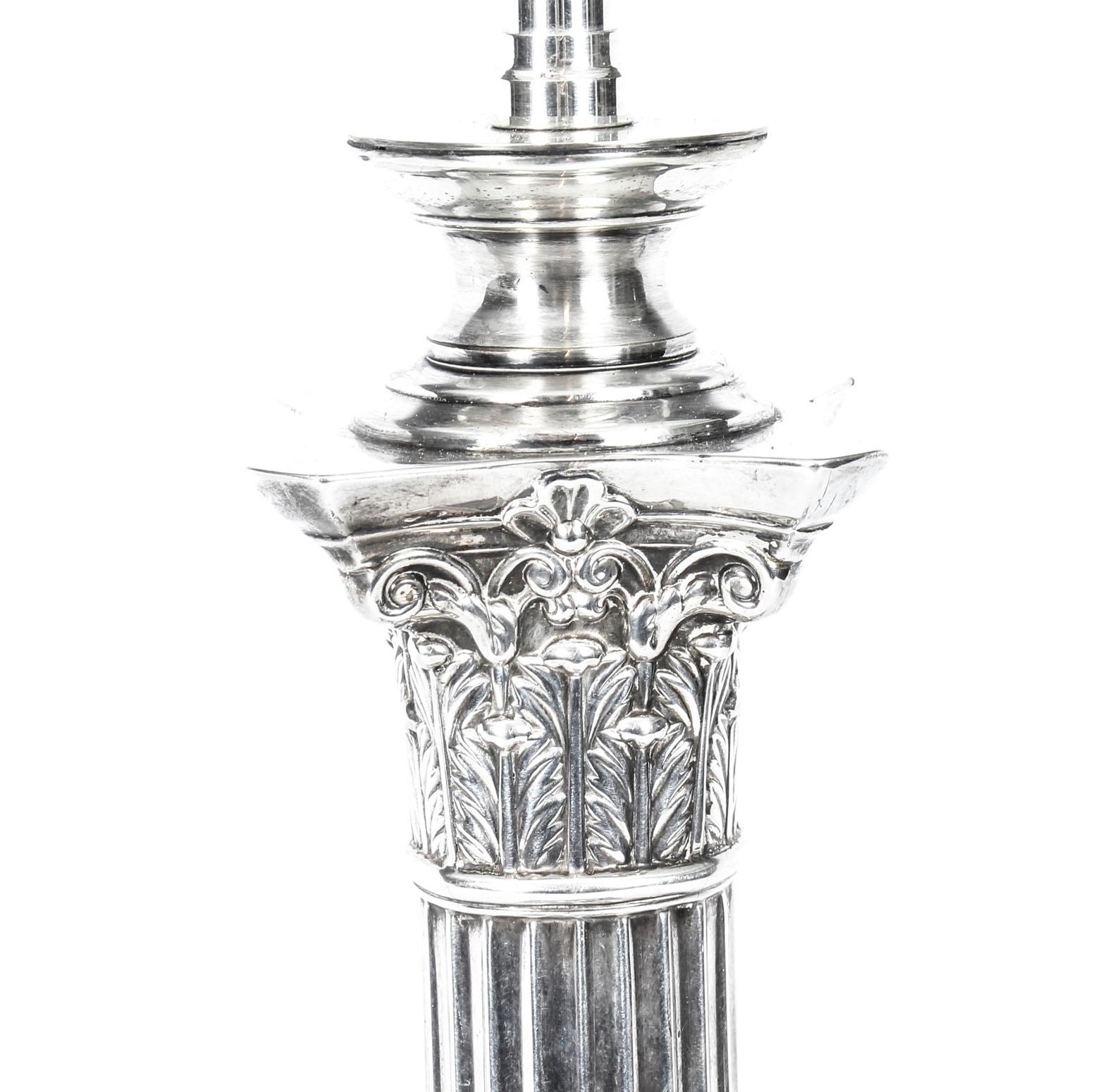 Early 20th Century Antique Edwardian Sterling Silver Corinthian Column Table Lamp, 1908