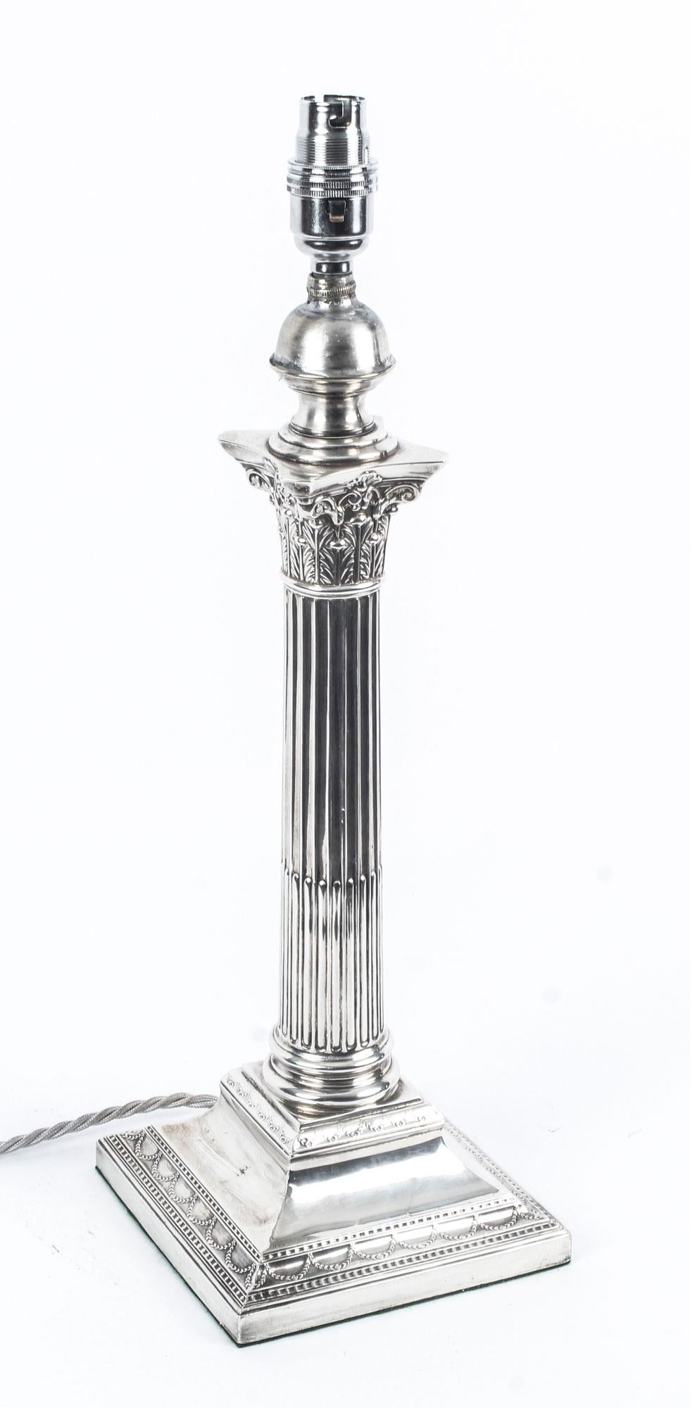 English Antique Edwardian Sterling Silver Corinthian Column Table Lamp 1908