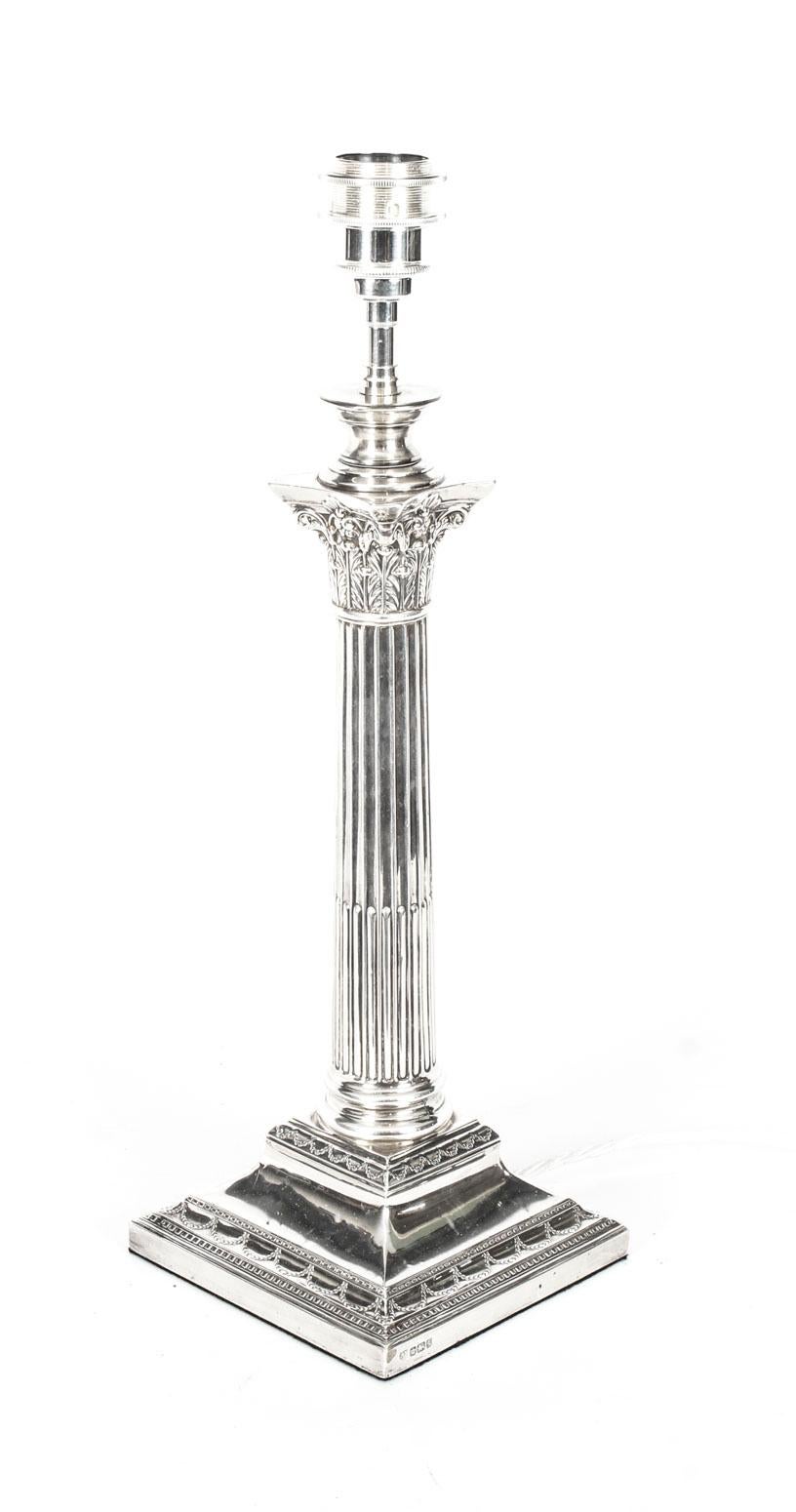 Antique Edwardian Sterling Silver Corinthian Column Table Lamp, 1908 3
