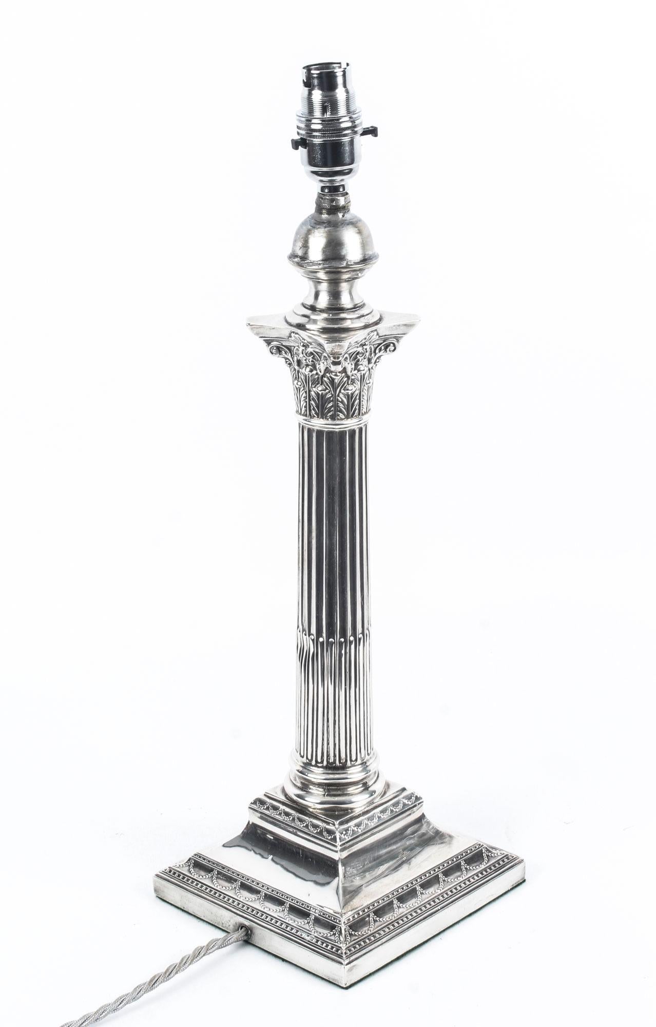 Antique Edwardian Sterling Silver Corinthian Column Table Lamp 1908 1