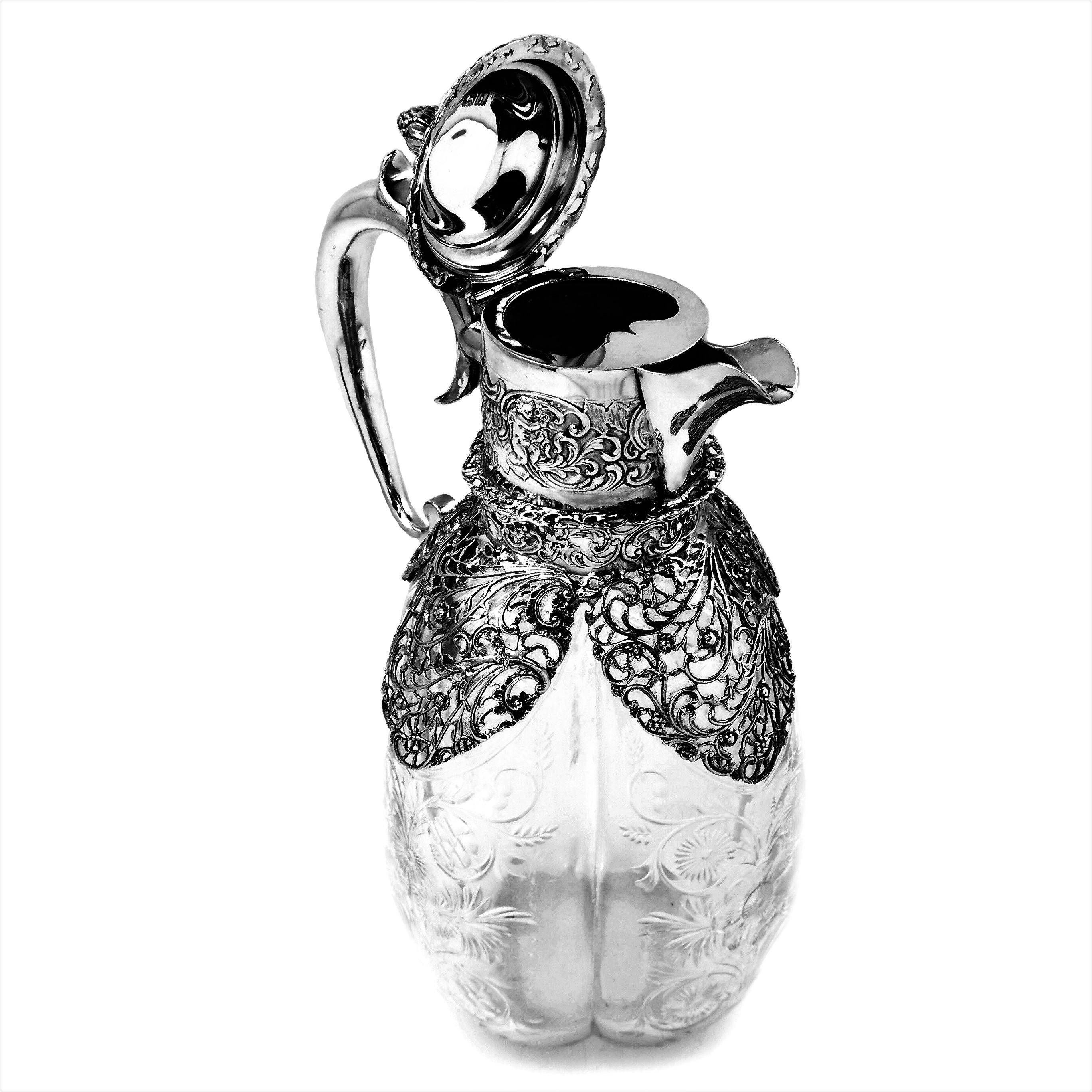 Antique Edwardian Sterling Silver & Cut Glass Claret Jug or Wine Decanter 1904 In Good Condition In London, GB