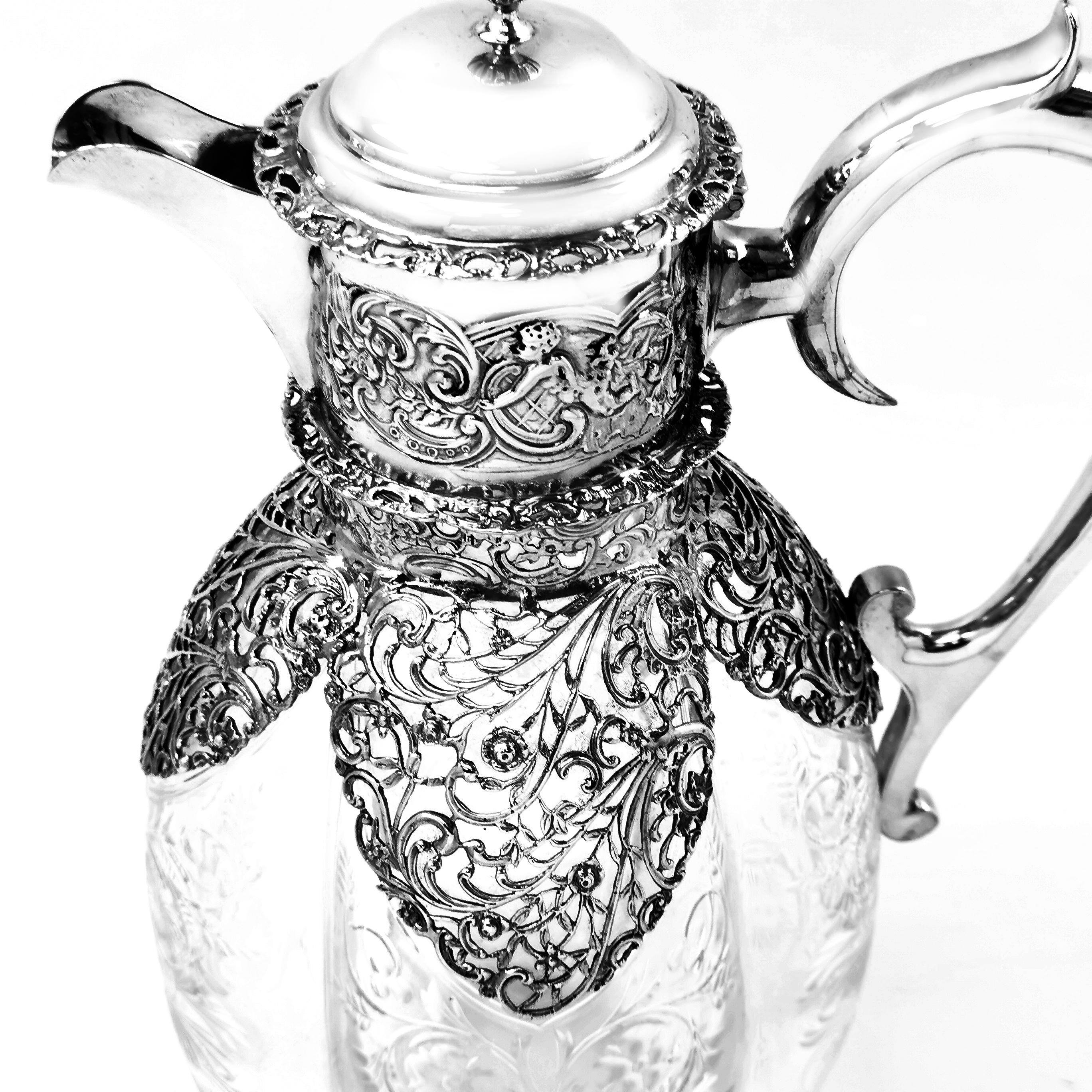 20th Century Antique Edwardian Sterling Silver & Cut Glass Claret Jug or Wine Decanter 1904
