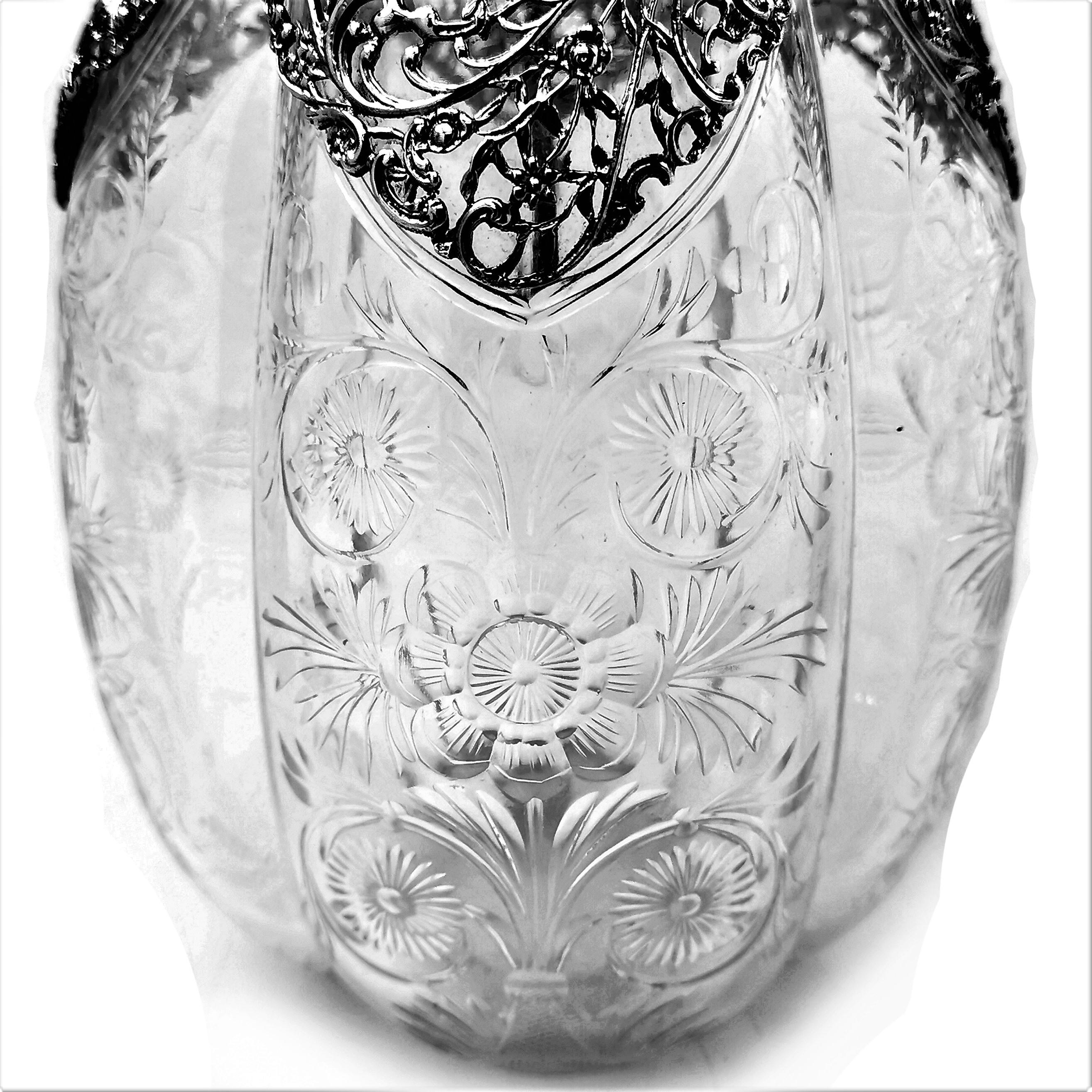 Antique Edwardian Sterling Silver & Cut Glass Claret Jug or Wine Decanter 1904 4