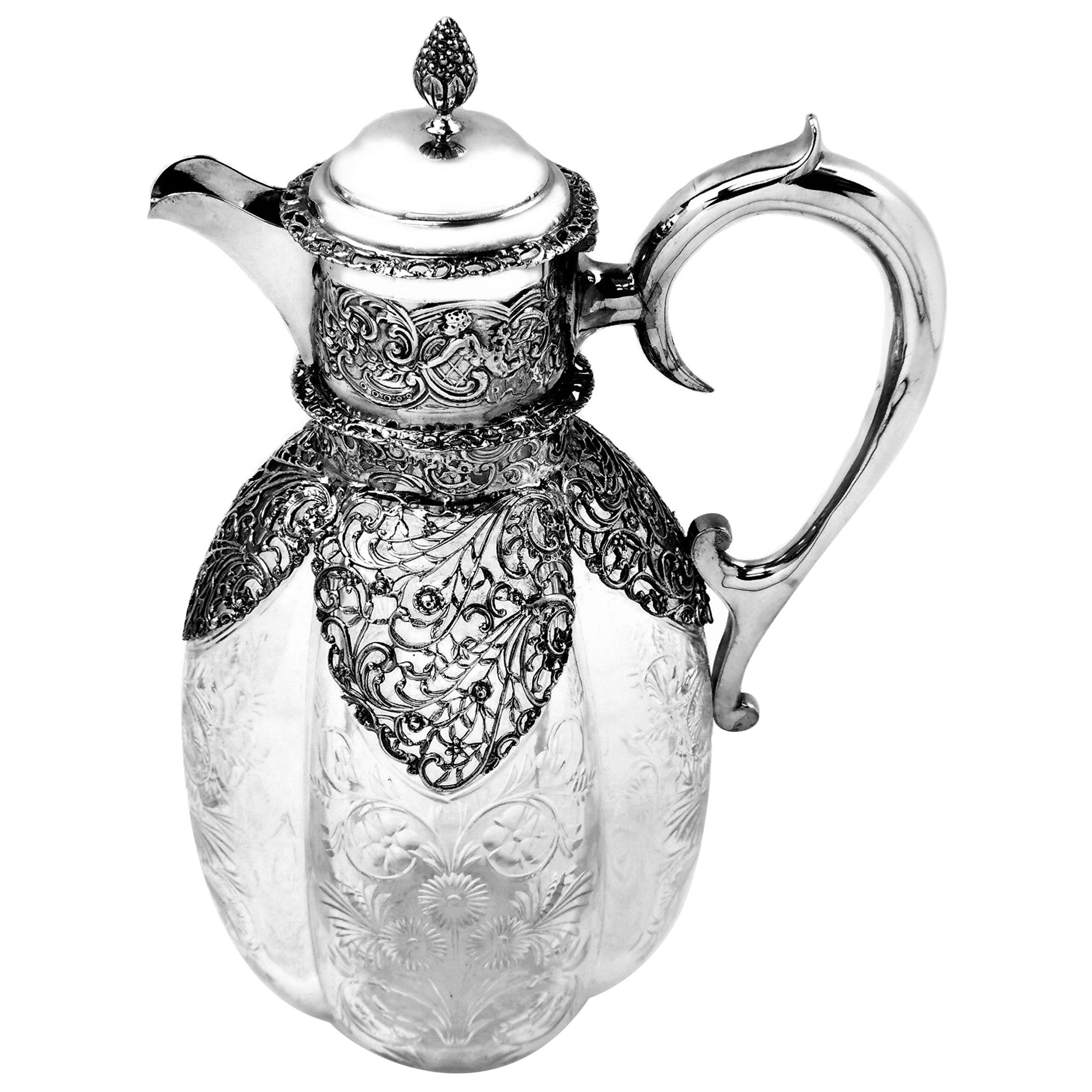 Antique Edwardian Sterling Silver & Cut Glass Claret Jug or Wine Decanter 1904