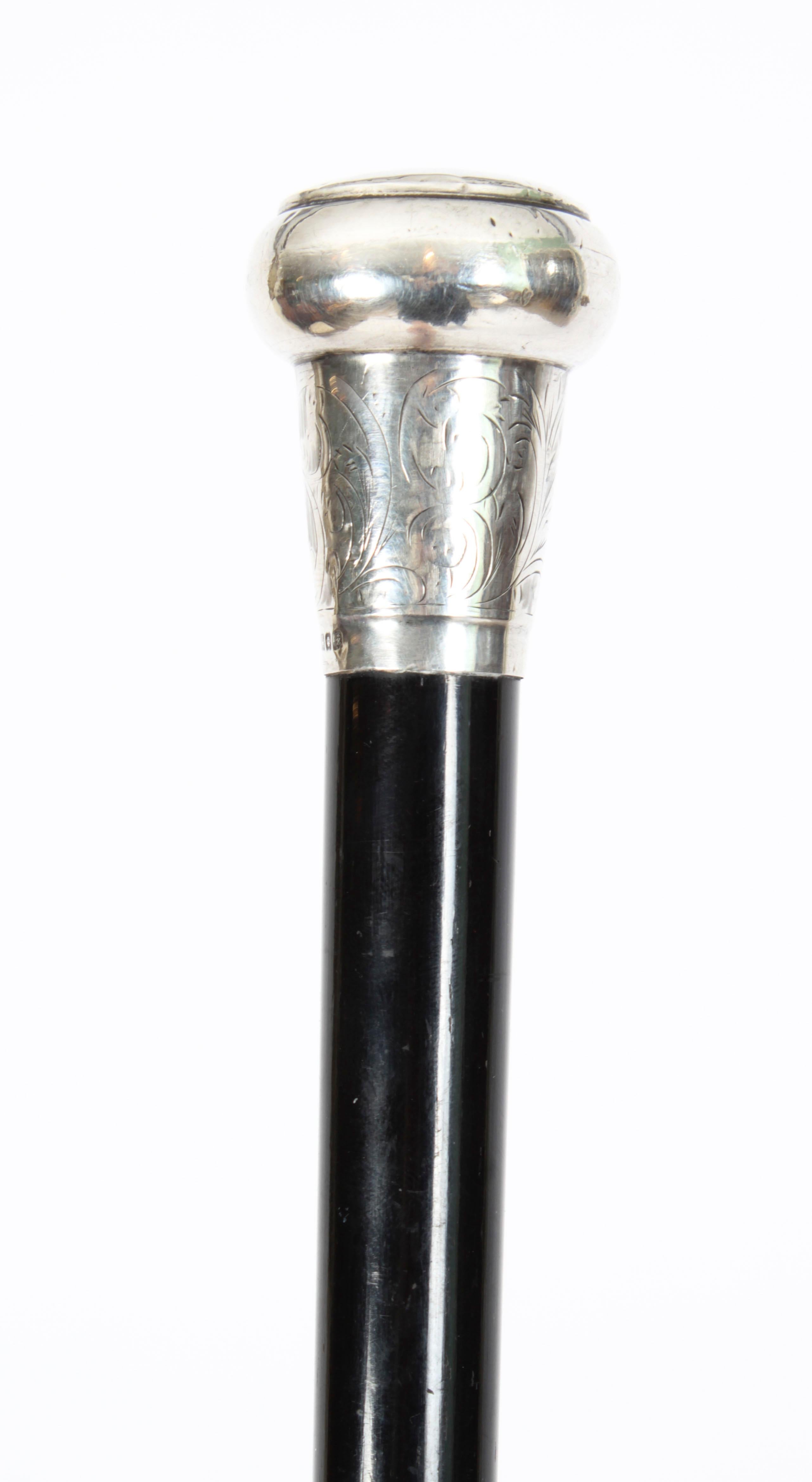 Antique Edwardian Sterling Silver & Ebonized Walking Stick Dated 1904 6