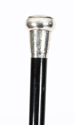 Antique Edwardian Sterling Silver & Ebonized Walking Stick Dated 1904
