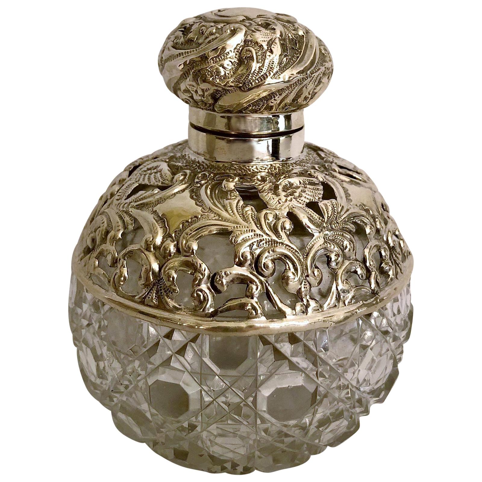 Antique Edwardian Sterling Silver Mounted Cut Crystal Perfume Bottle, circa 1900