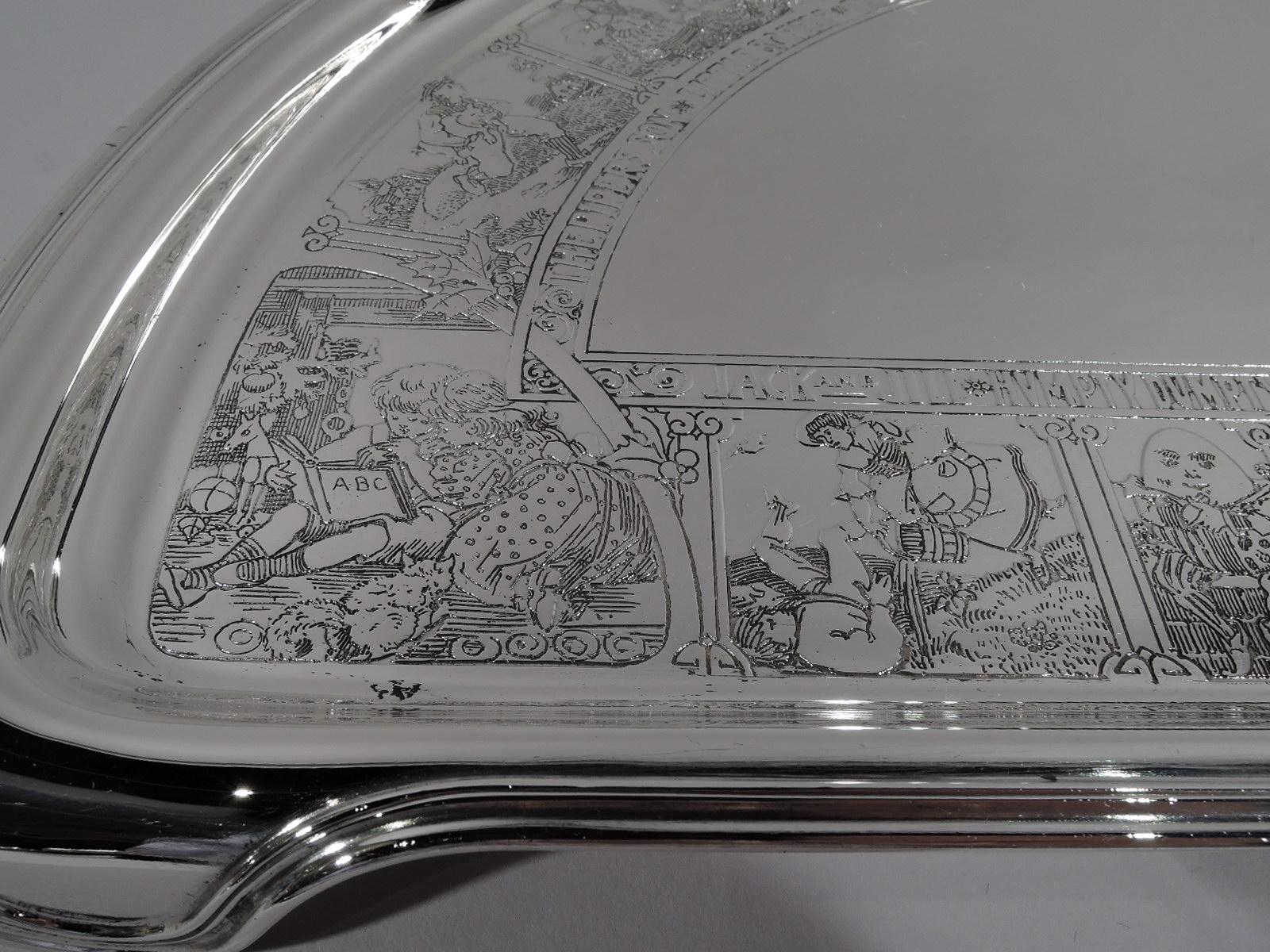 Edwardian sterling silver highchair tray. Made by William B. Kerr in Newwark, circa 1910. Lunette form with tabs. Vacant center bordered by acid-etched nursery rhyme scenes depicting crook-holding Little Bo Beep, pre-fall Humpty Dumpty, and Mother