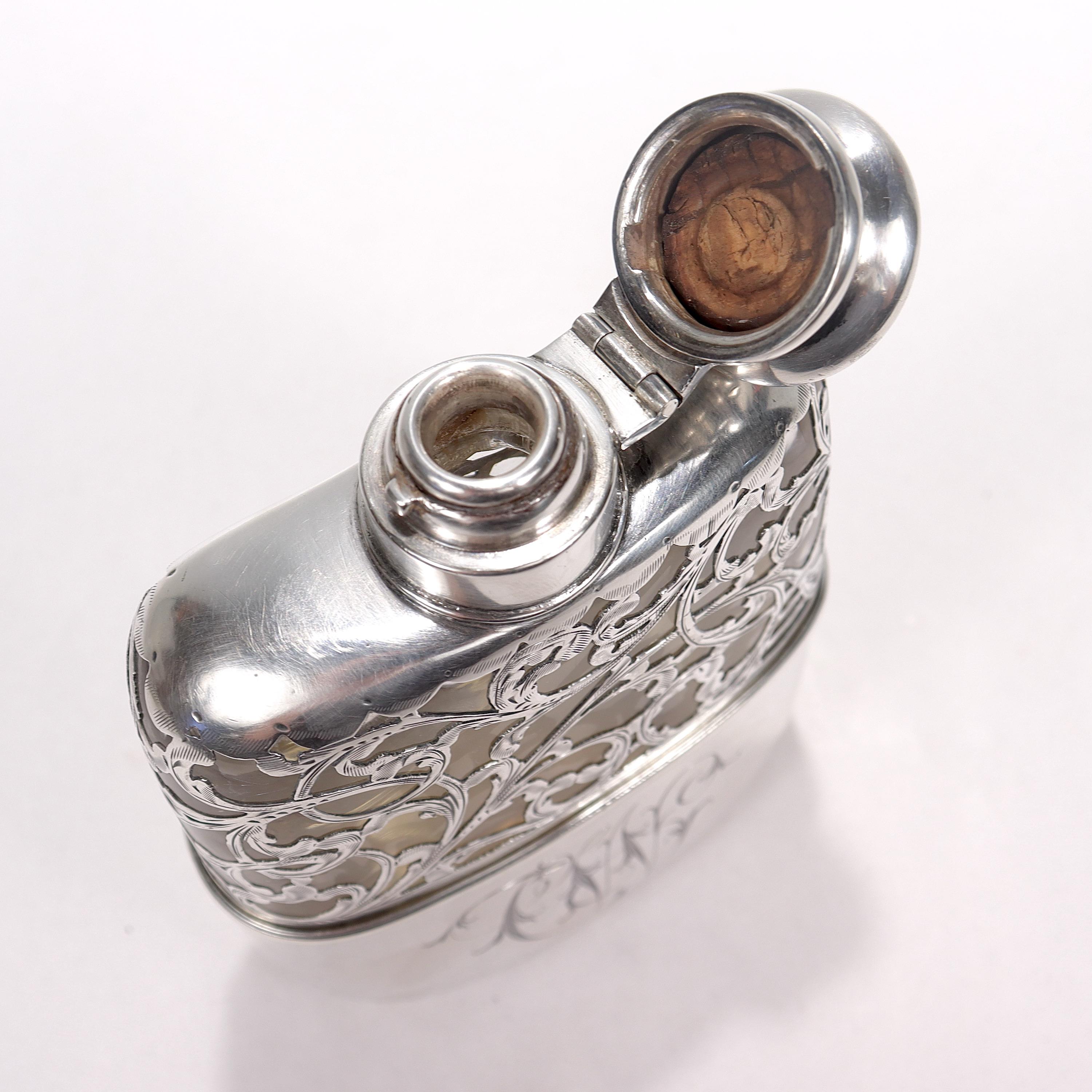 Antique Edwardian Sterling Silver Overlay Whiskey or Liquor Hip Flask 3
