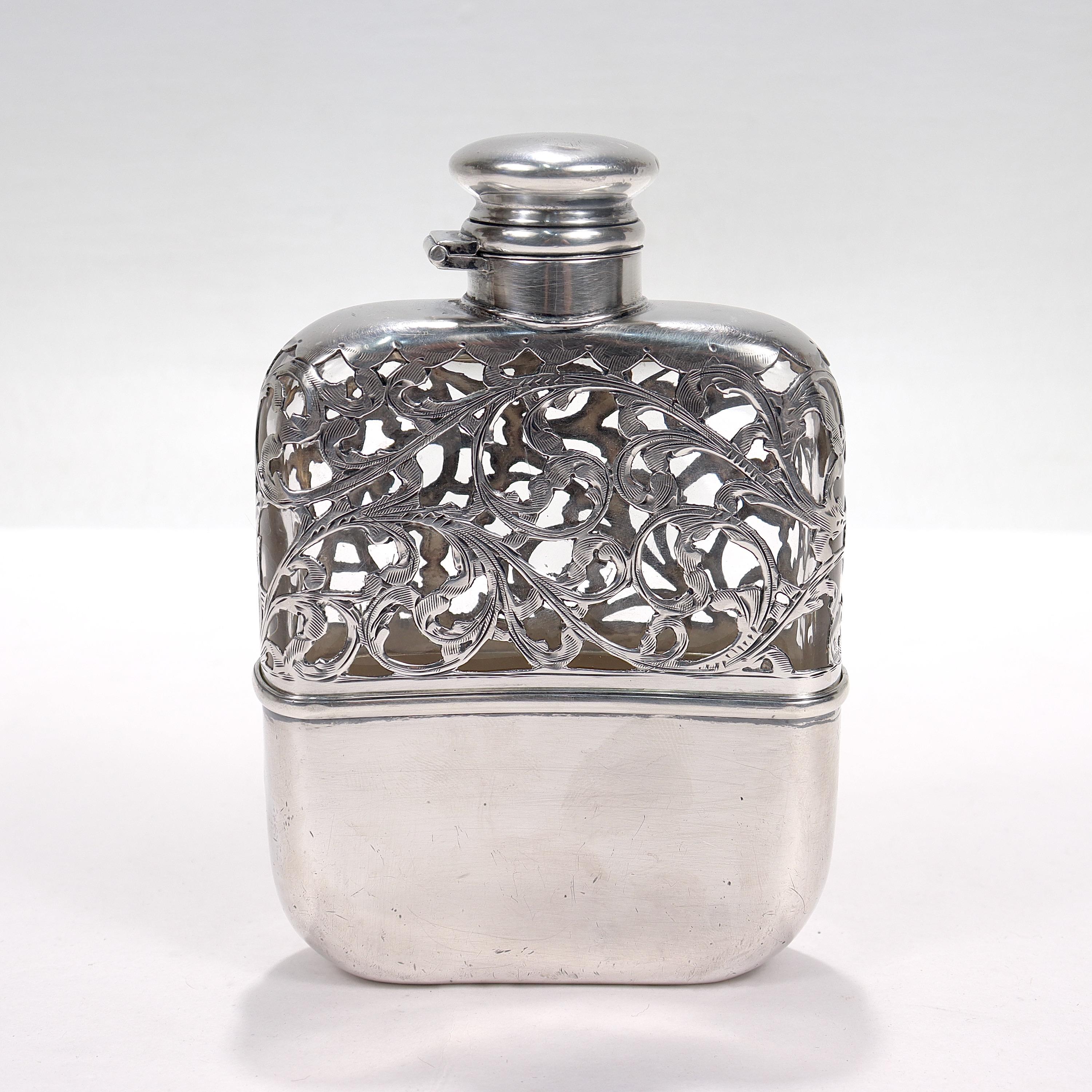 Antique Edwardian Sterling Silver Overlay Whiskey or Liquor Hip Flask In Good Condition In Philadelphia, PA