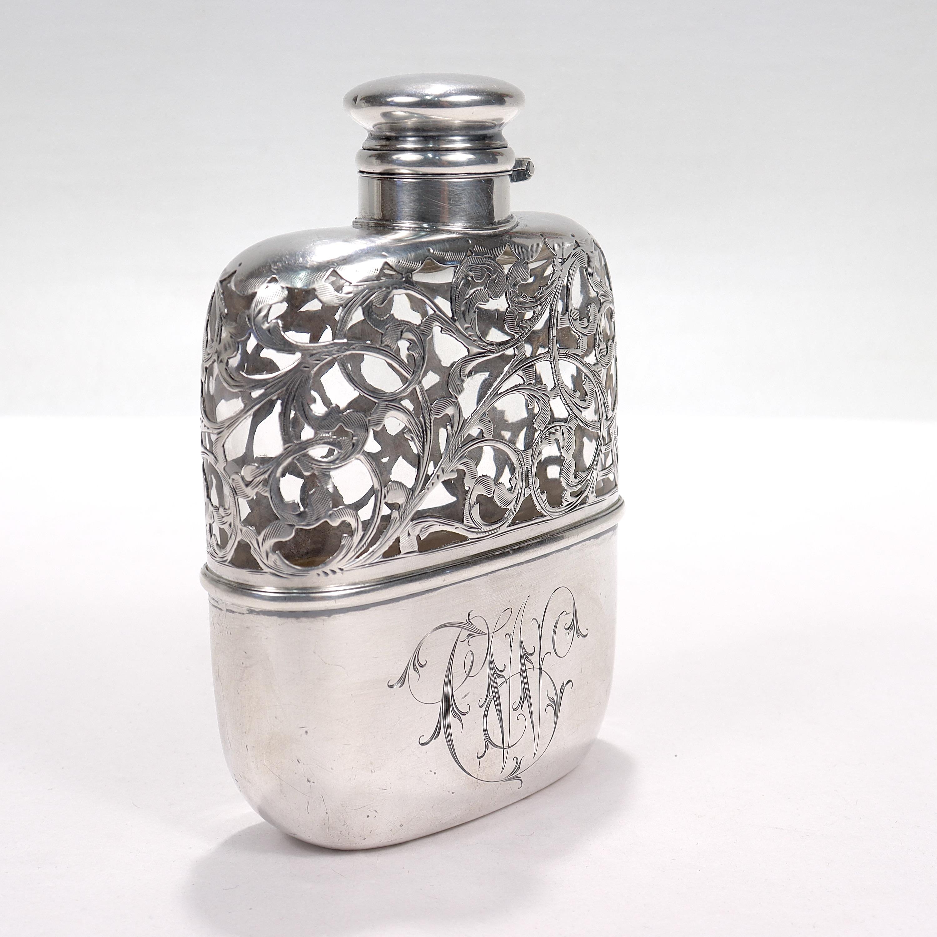 Antique Edwardian Sterling Silver Overlay Whiskey or Liquor Hip Flask 1