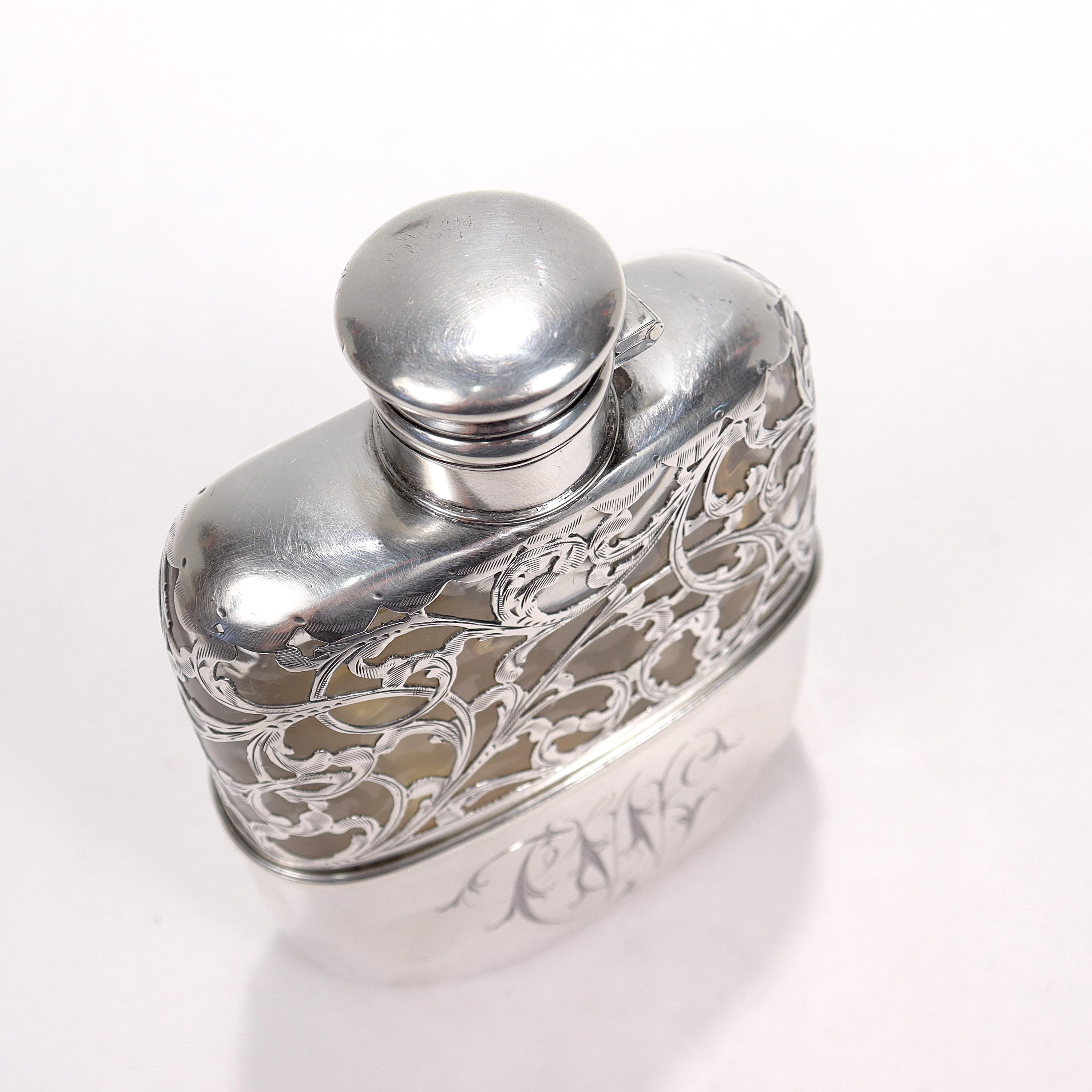 Antique Edwardian Sterling Silver Overlay Whiskey or Liquor Hip Flask 2