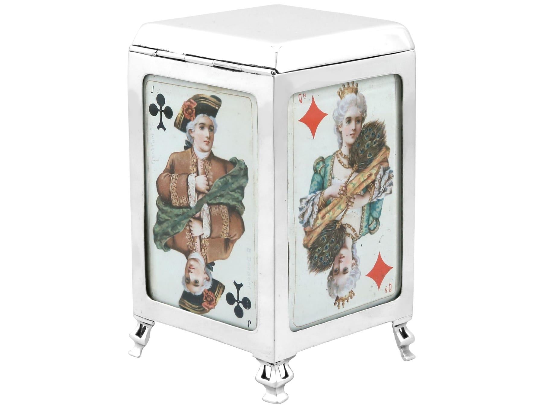 An exceptional, fine and impressive antique Edwardian English sterling silver playing card box; an addition to the ornamental silverware collection.

This exceptional Edwardian sterling silver playing card box has a rectangular form onto four