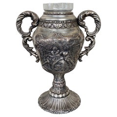 Antica coppa di presentazione edoardiana in argento sterling con vetro interno