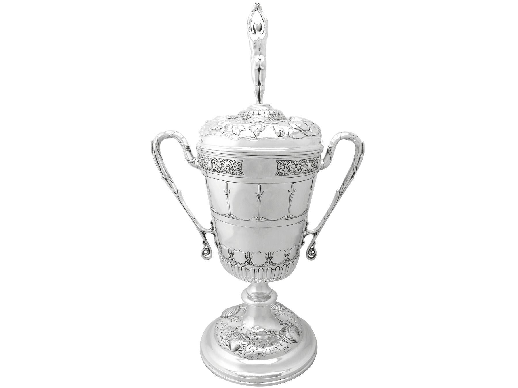 Art Nouveau Antique Edwardian Sterling Silver Presentation or Champagne Cup and Cover For Sale